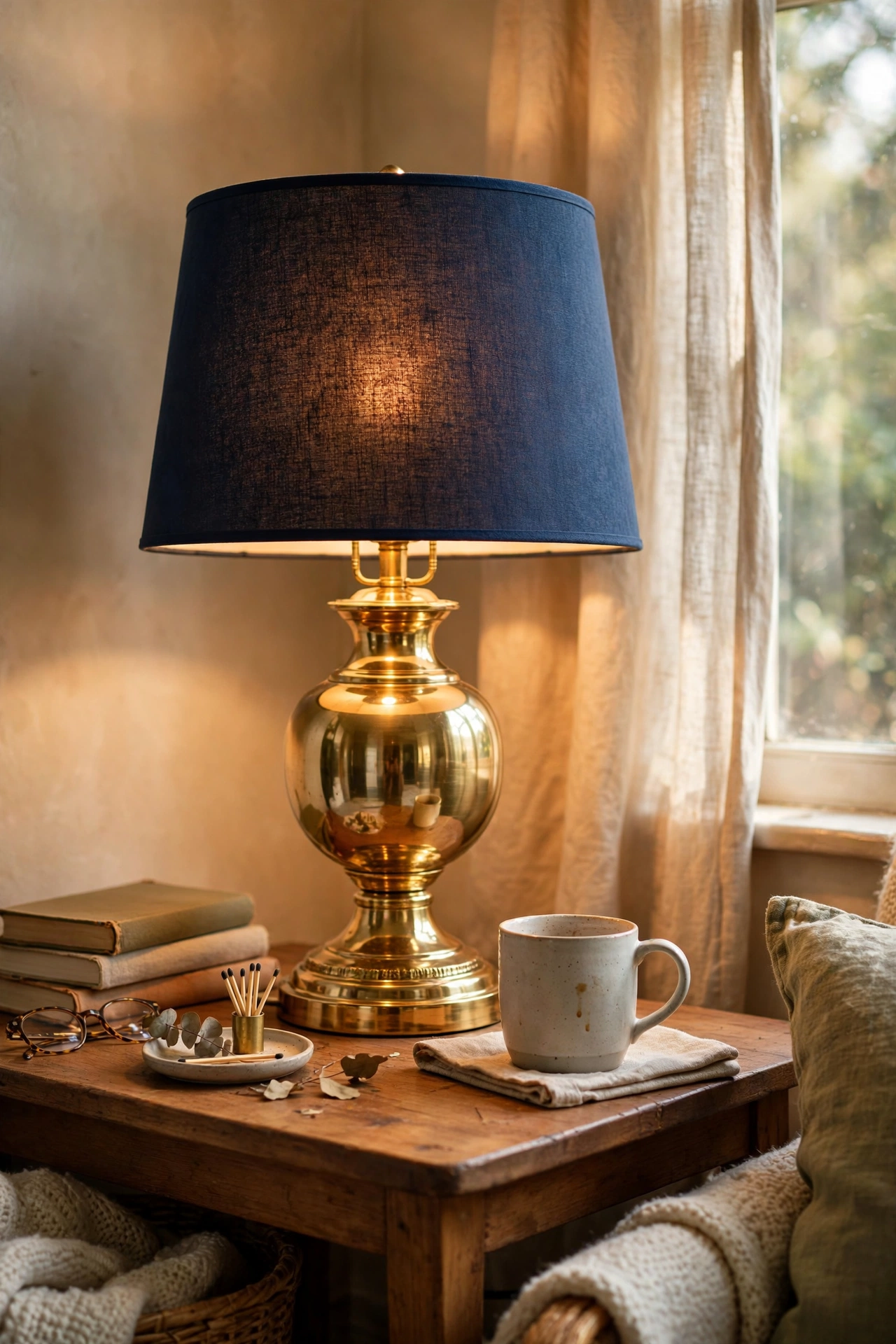 Brass lamp base with a navy drum shade on a side table