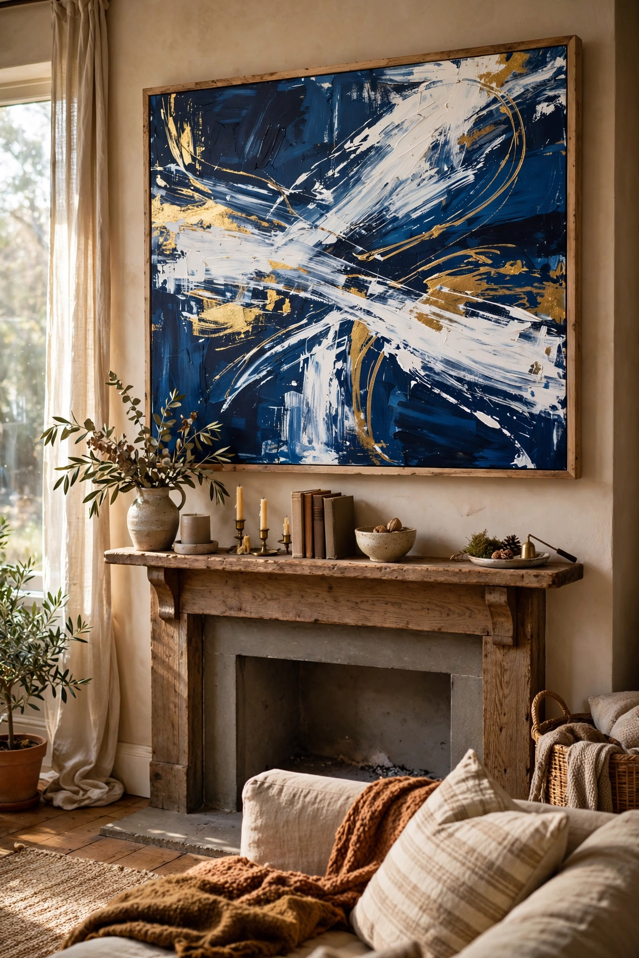DIY abstract painting in navy, white and gold above a mantel