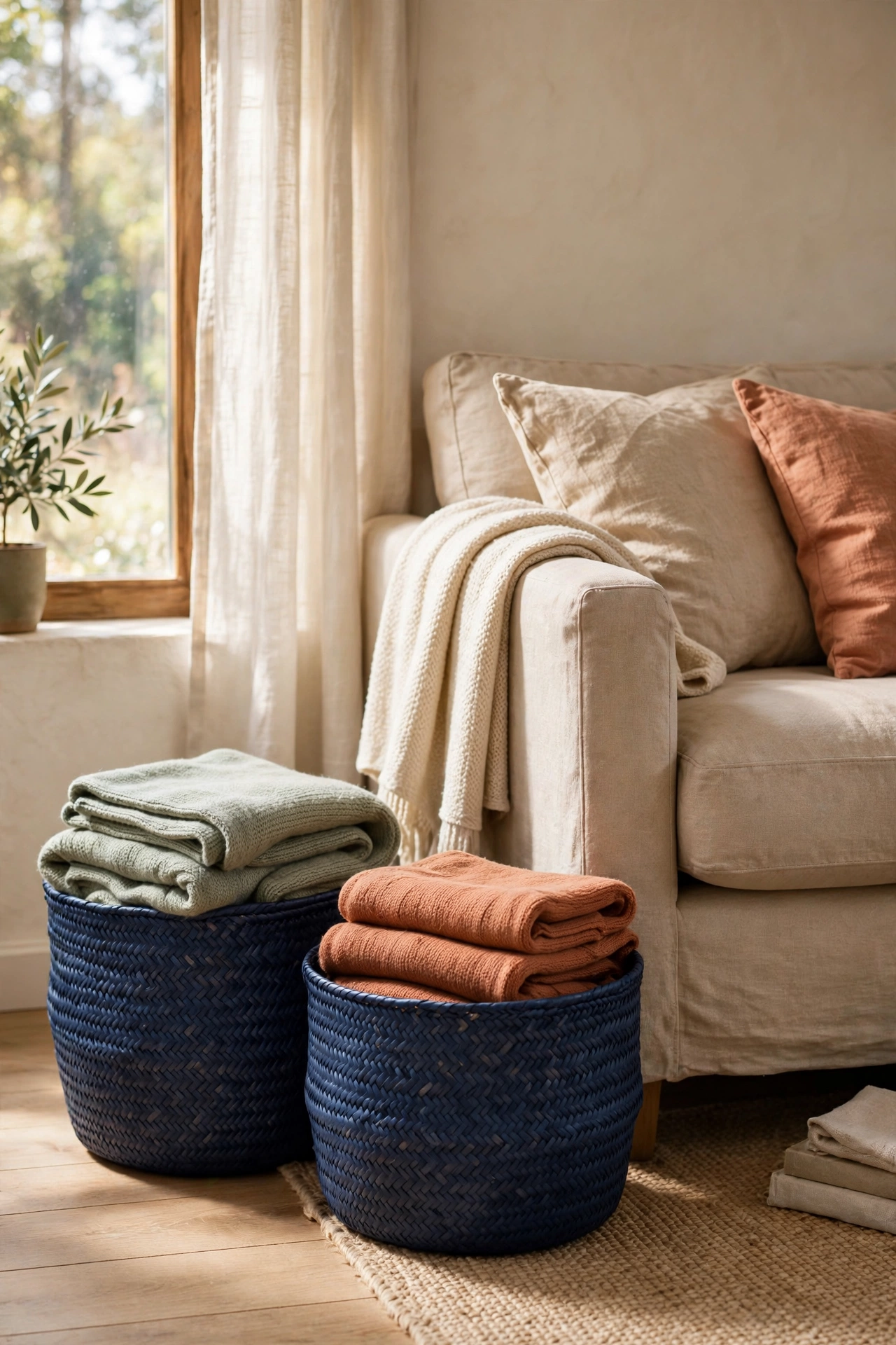 Two navy woven baskets holding throws beside a sofa