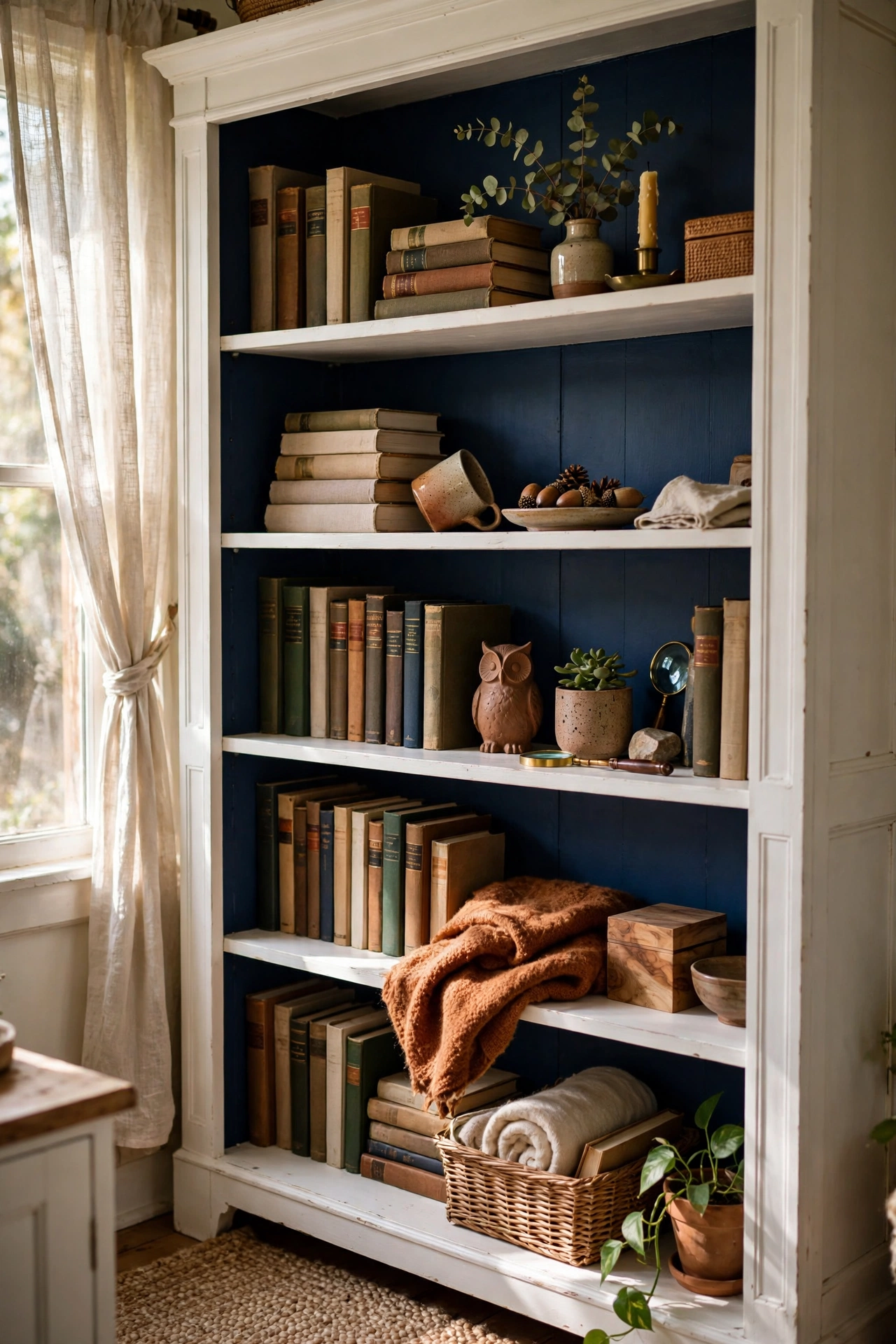 White bookcase with back panels painted deep navy, styled with books