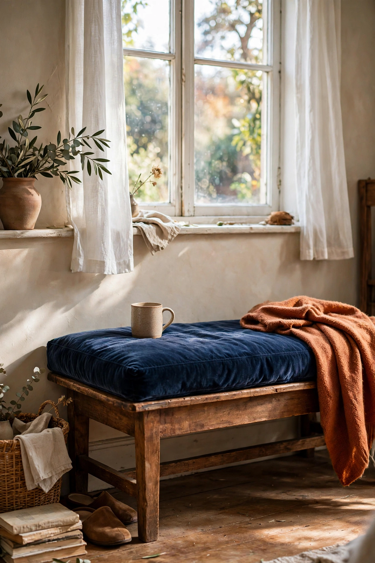 Wooden bench with seat re-covered in navy velvet under a window