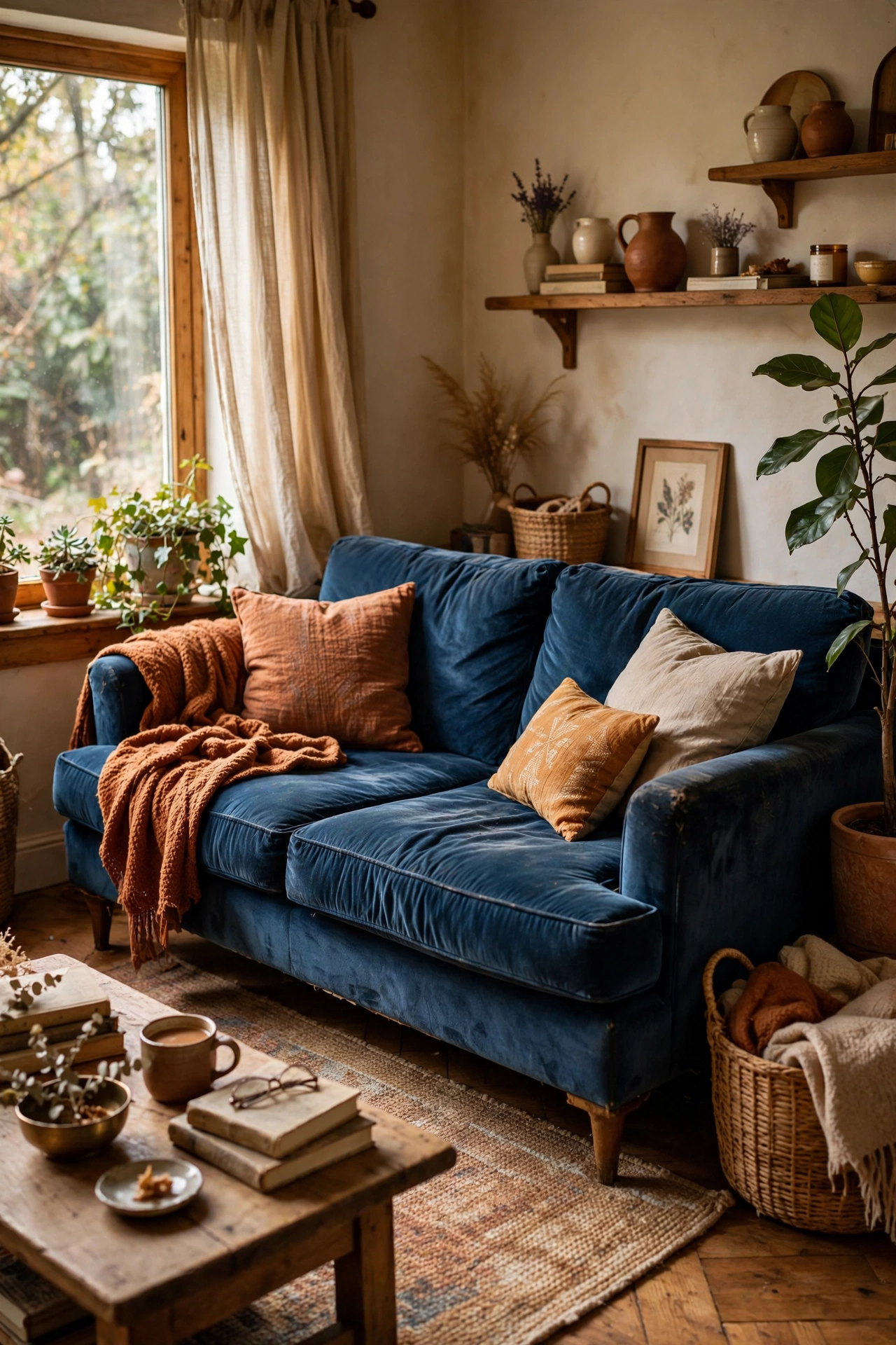 Secondhand deep blue sofa as the centrepiece of a warm living room