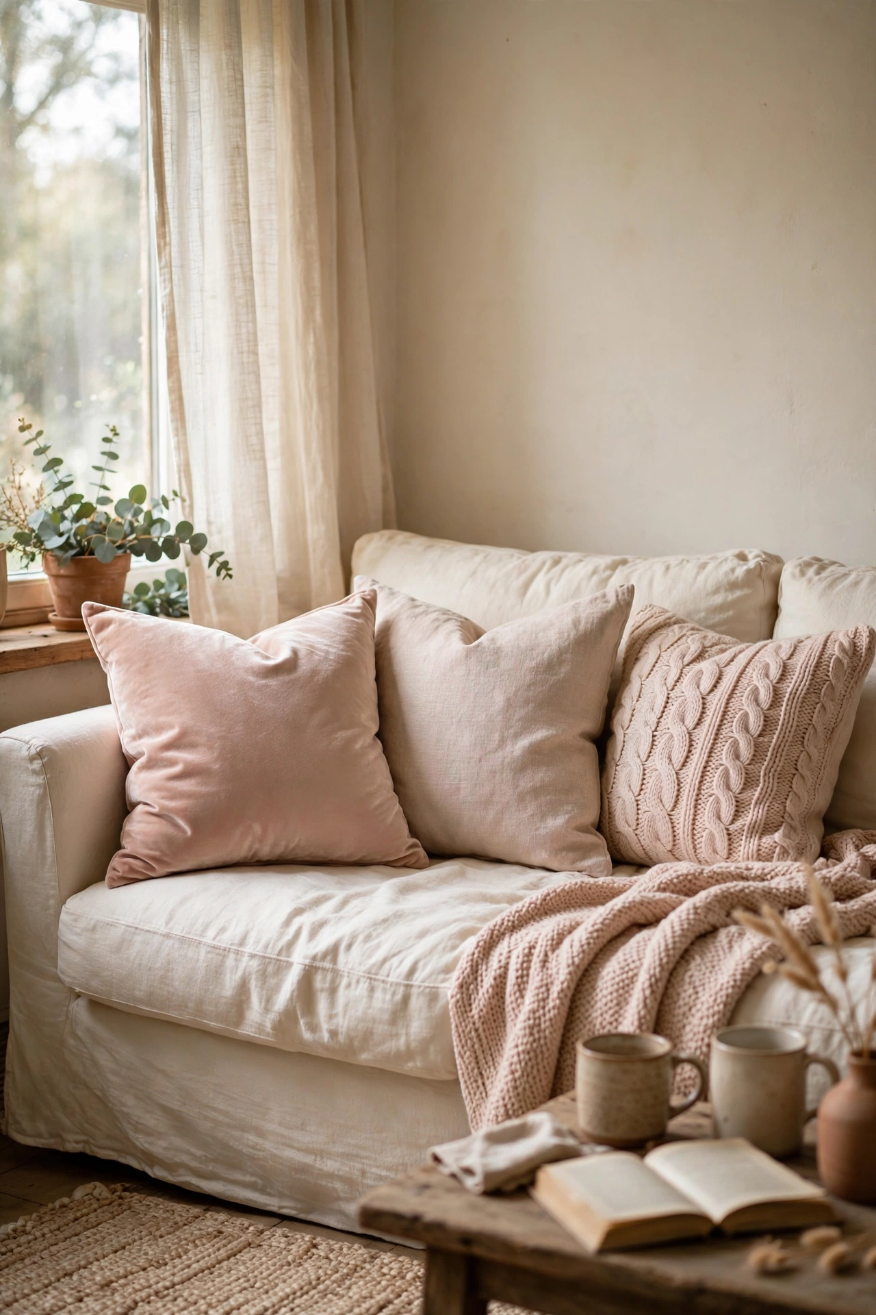 Blush pillow covers in velvet, linen and knit textures on a cream sofa