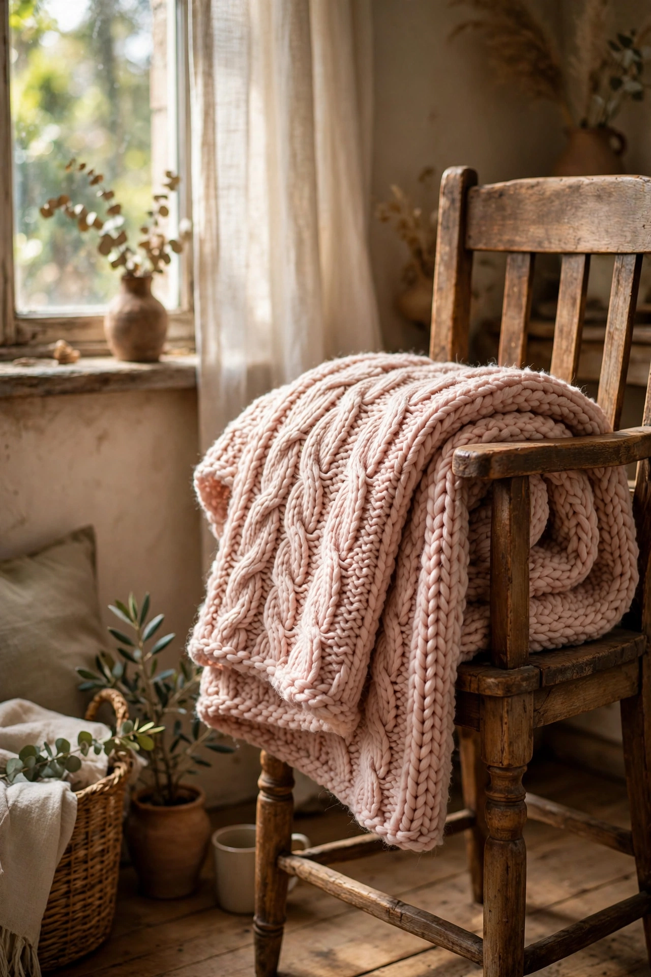 Blush knit throw folded over the arm of a wooden chair