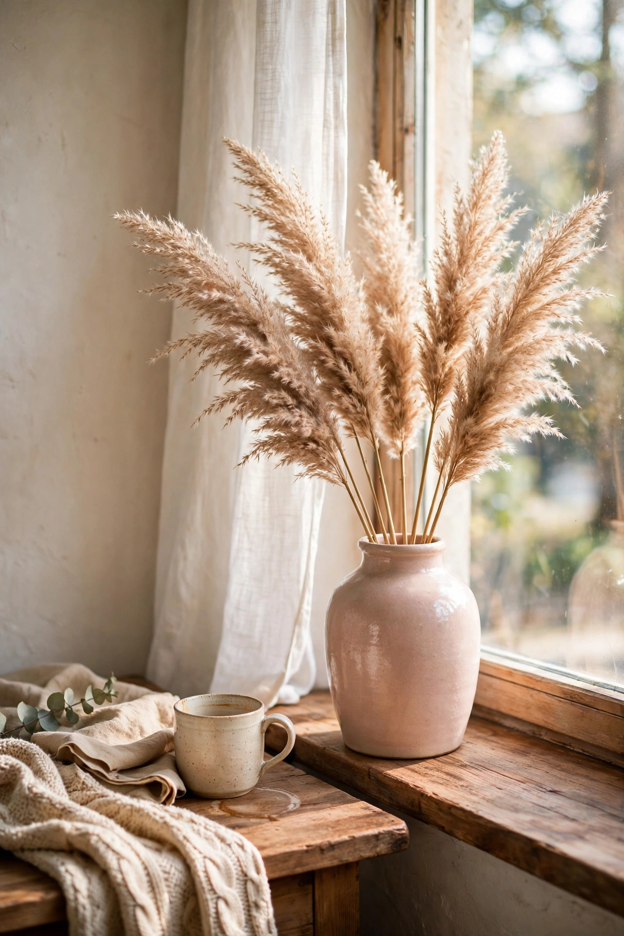 Dried pampas grass in a blush ceramic vase by a window