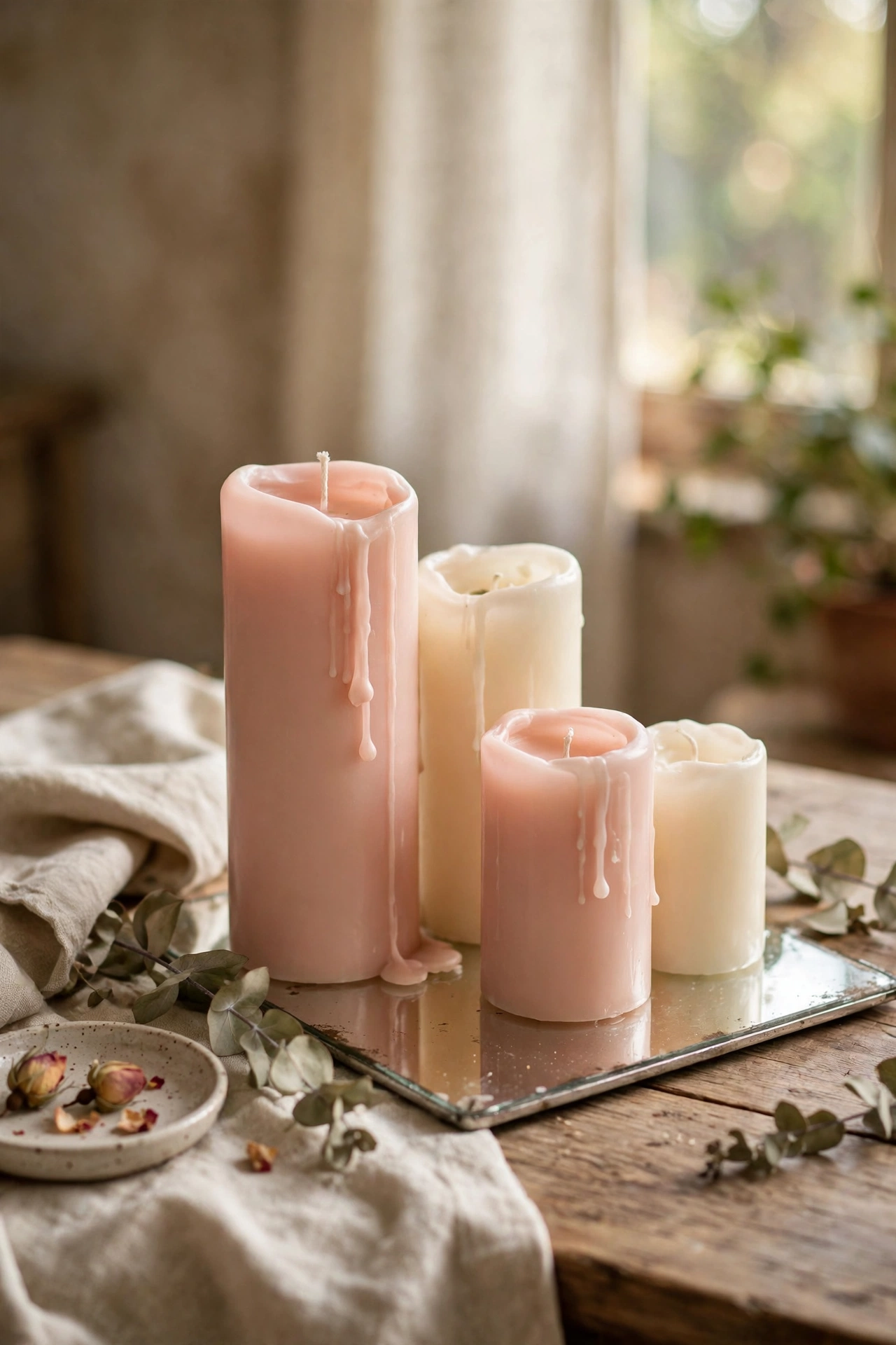 Blush and cream pillar candles grouped on a mirrored tray