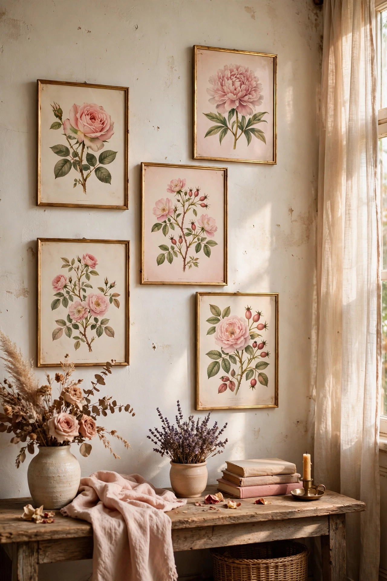 Vintage botanical prints with blush tones in thin gold frames