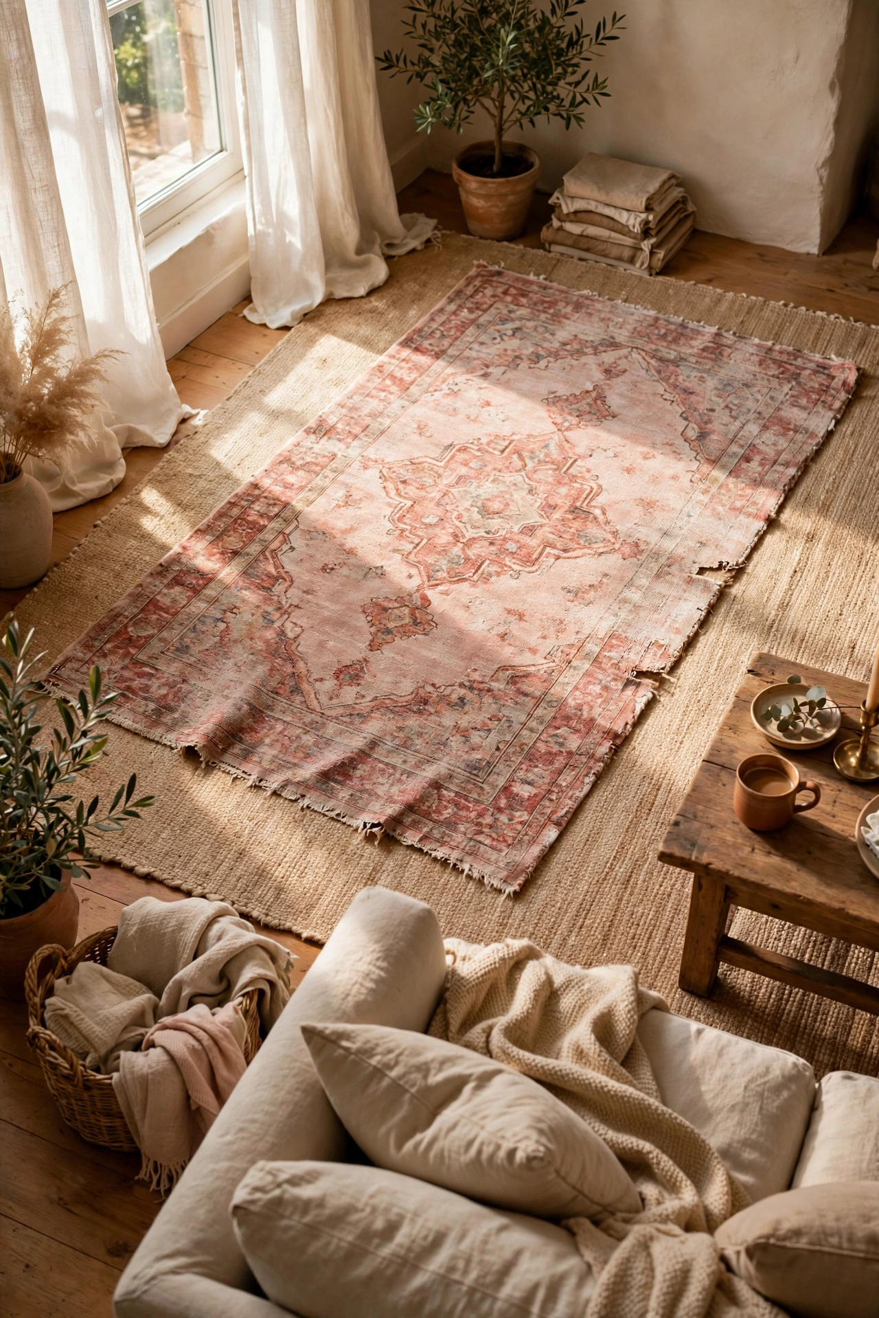 Blush distressed rug layered at an angle over a larger beige rug