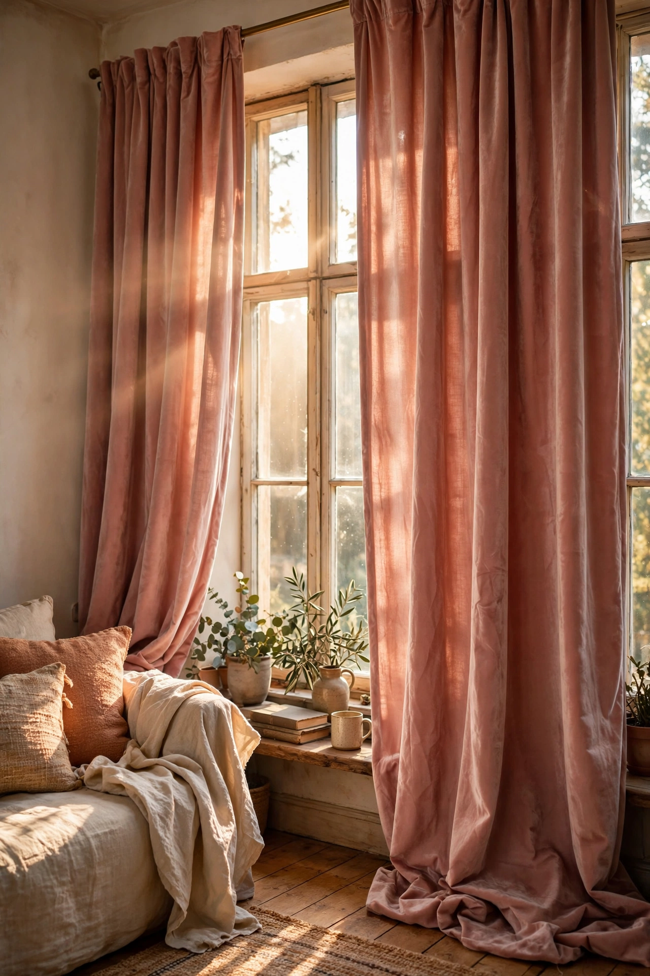 Blush velvet curtain panels hung high catching afternoon sunlight