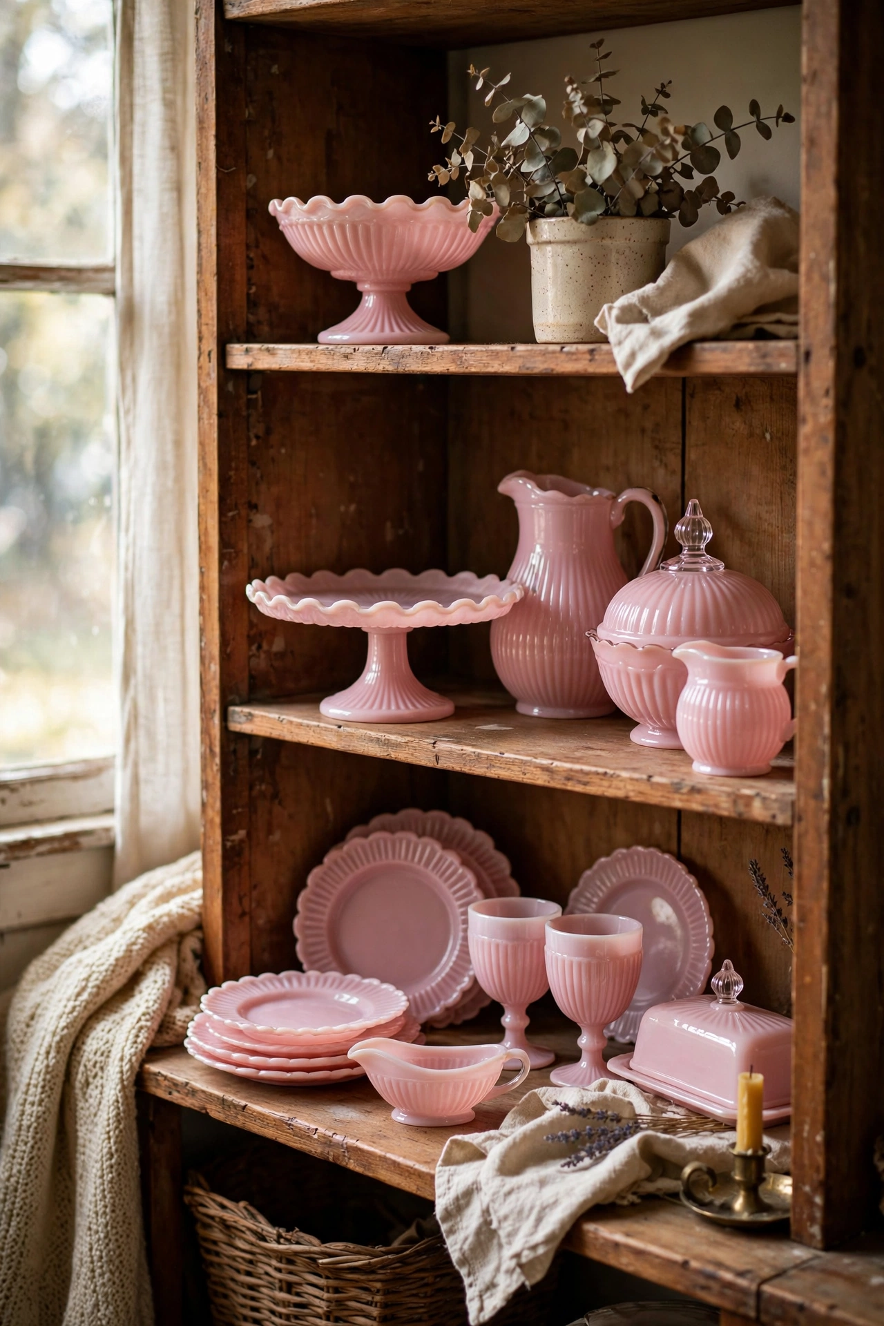Vintage pink depression glass pieces displayed on a bookshelf