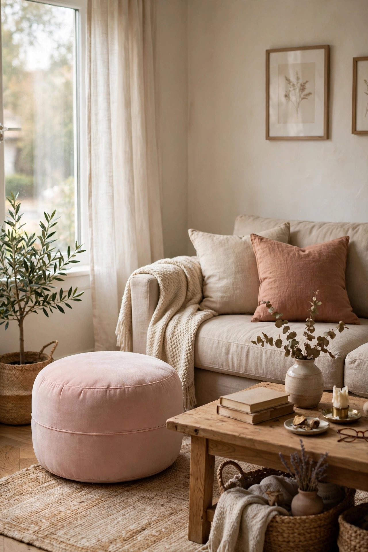 Round blush pouf beside a beige sofa balancing the colour scheme