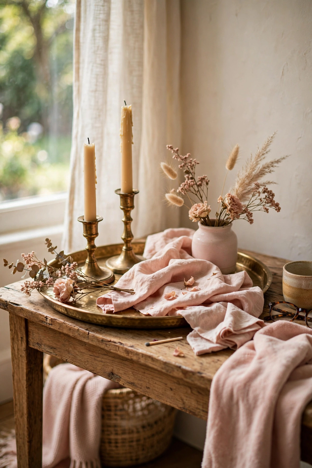 Brass tray and candlesticks paired with blush textiles on a table