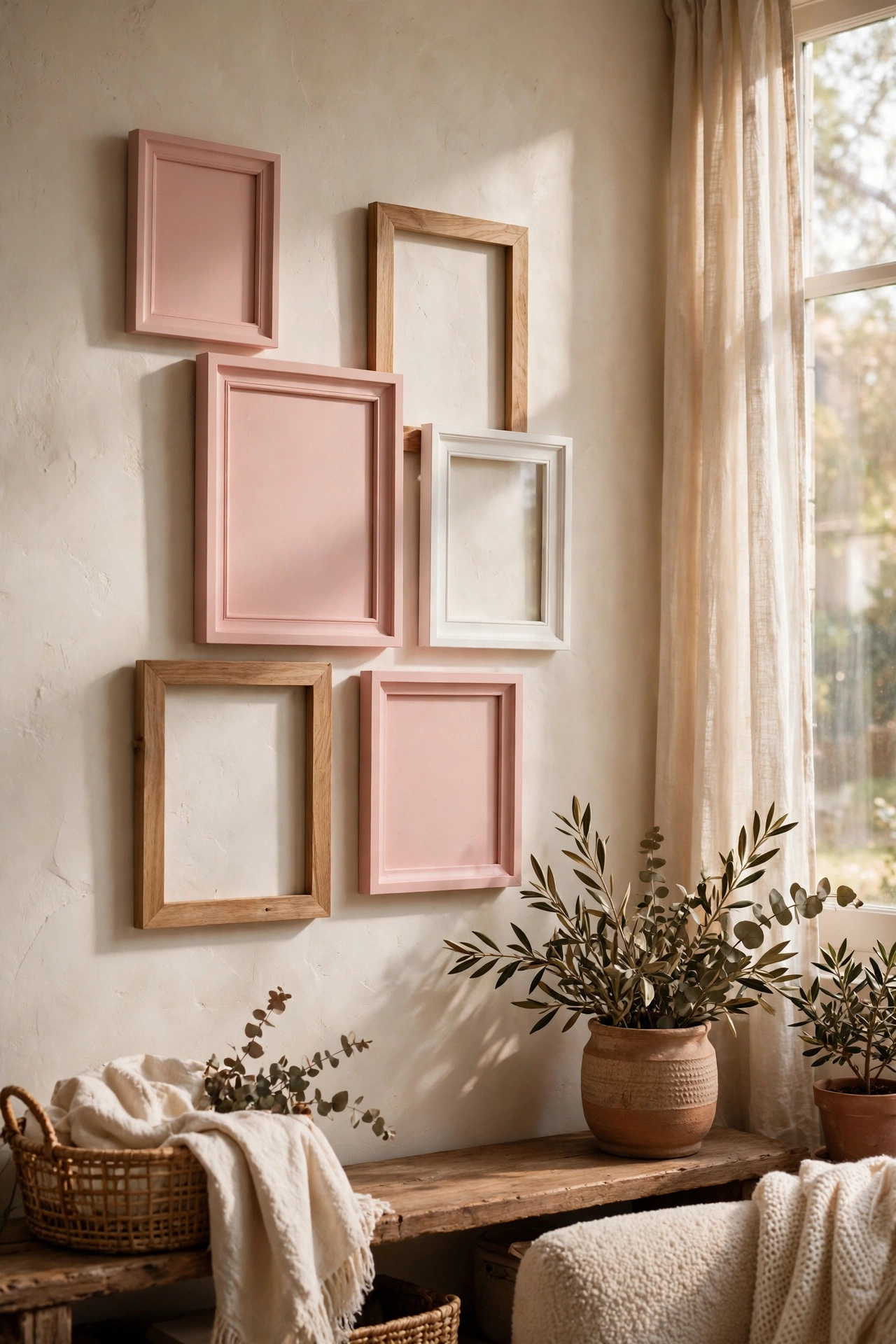 Gallery wall with three frames spray painted soft blush among white frames