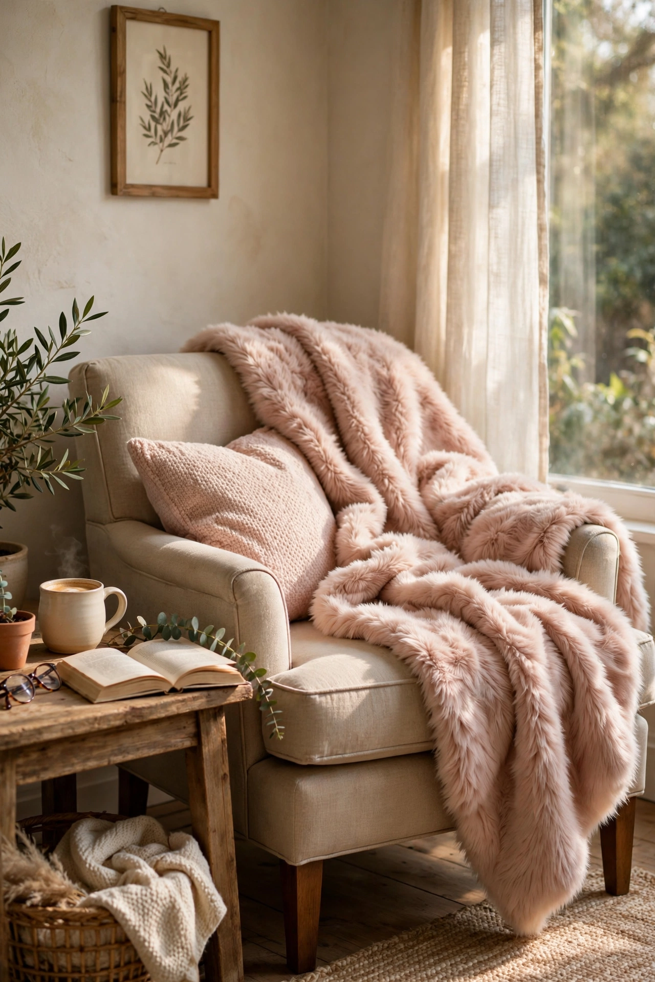 Blush faux fur throw draped over a reading chair