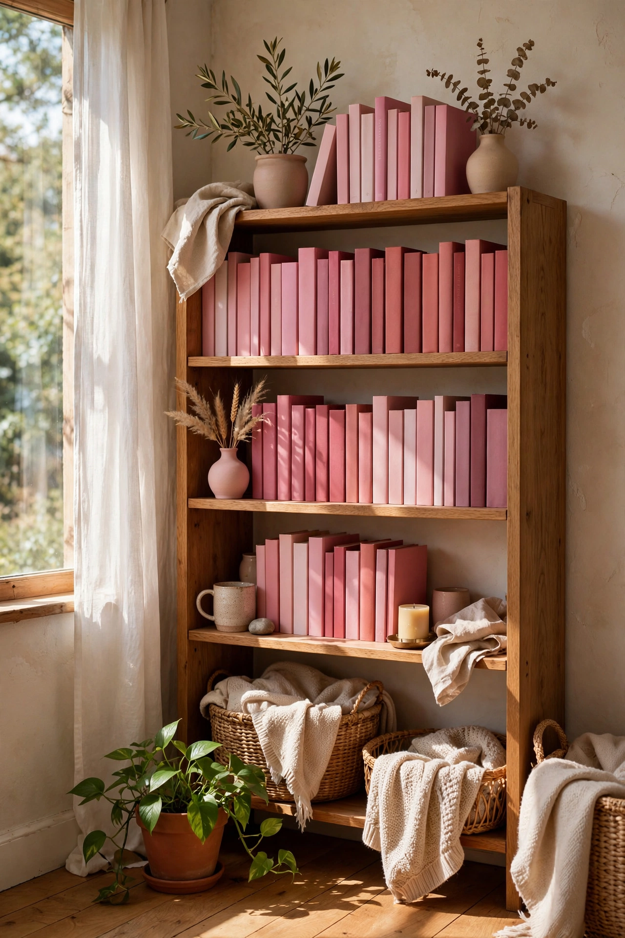 Bookshelf with pink and rose spined books grouped as a colour story