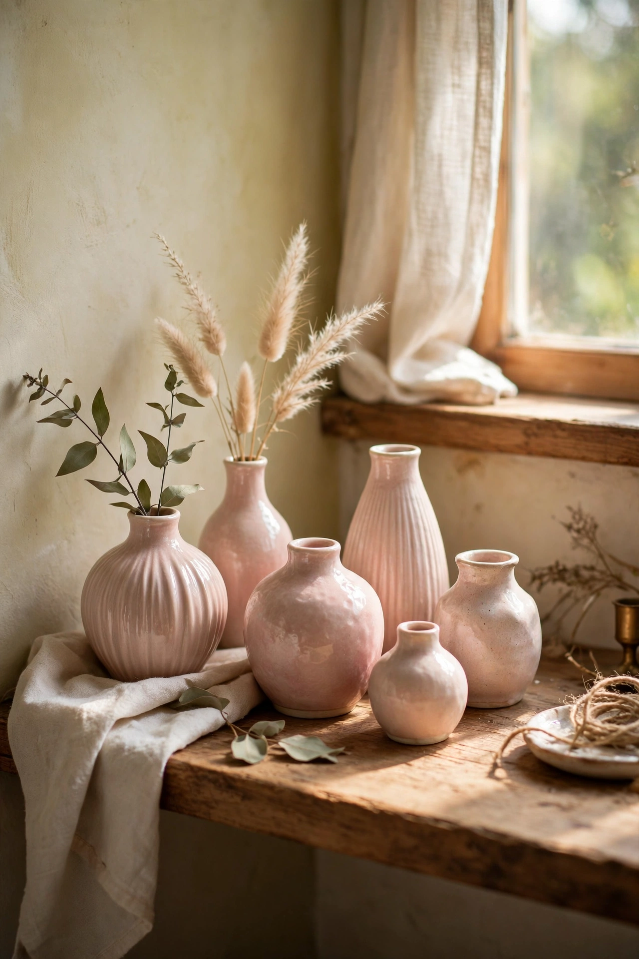 Cluster of small blush ceramic vases in varied shapes on a shelf