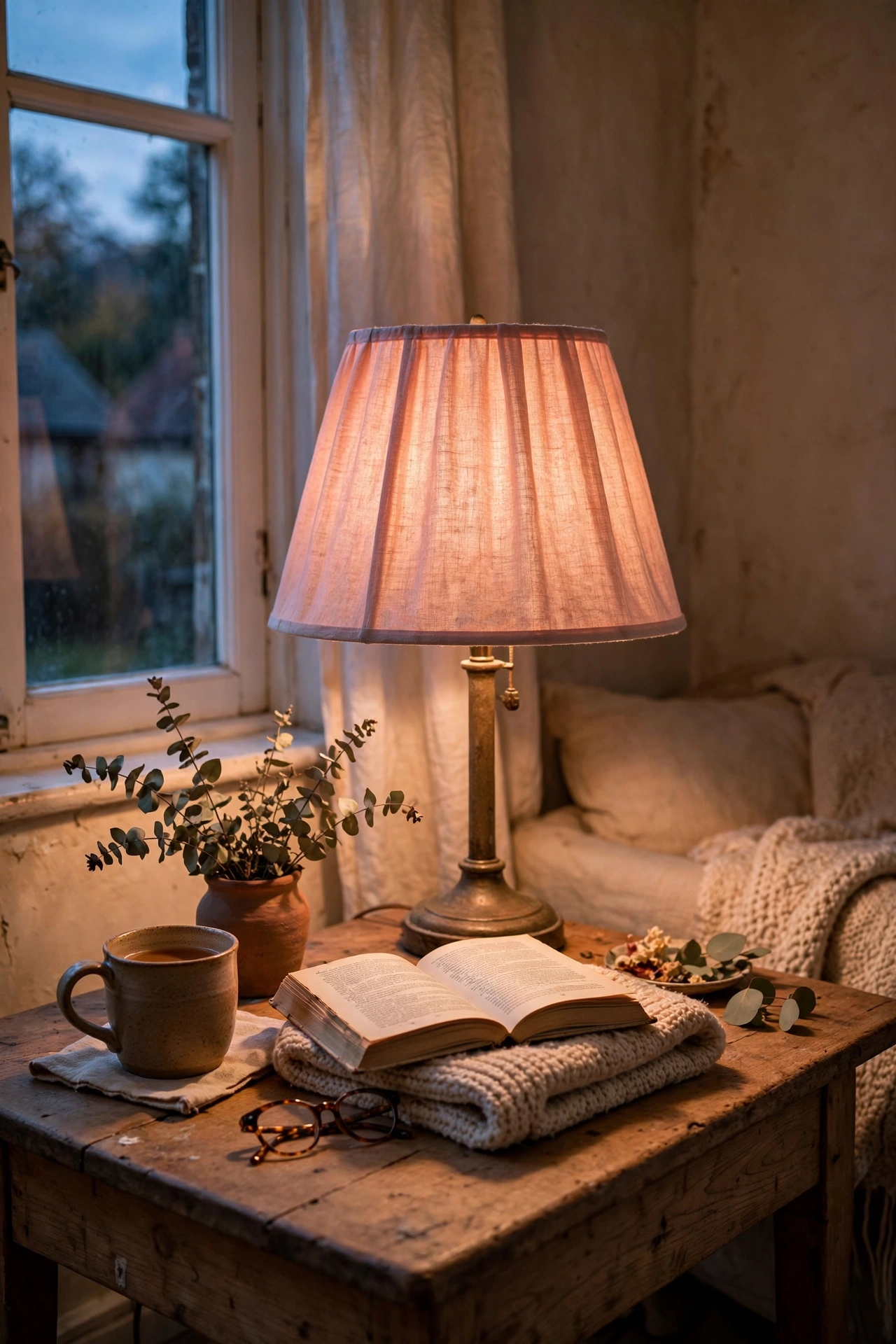 Table lamp with a blush linen shade casting a rosy evening glow