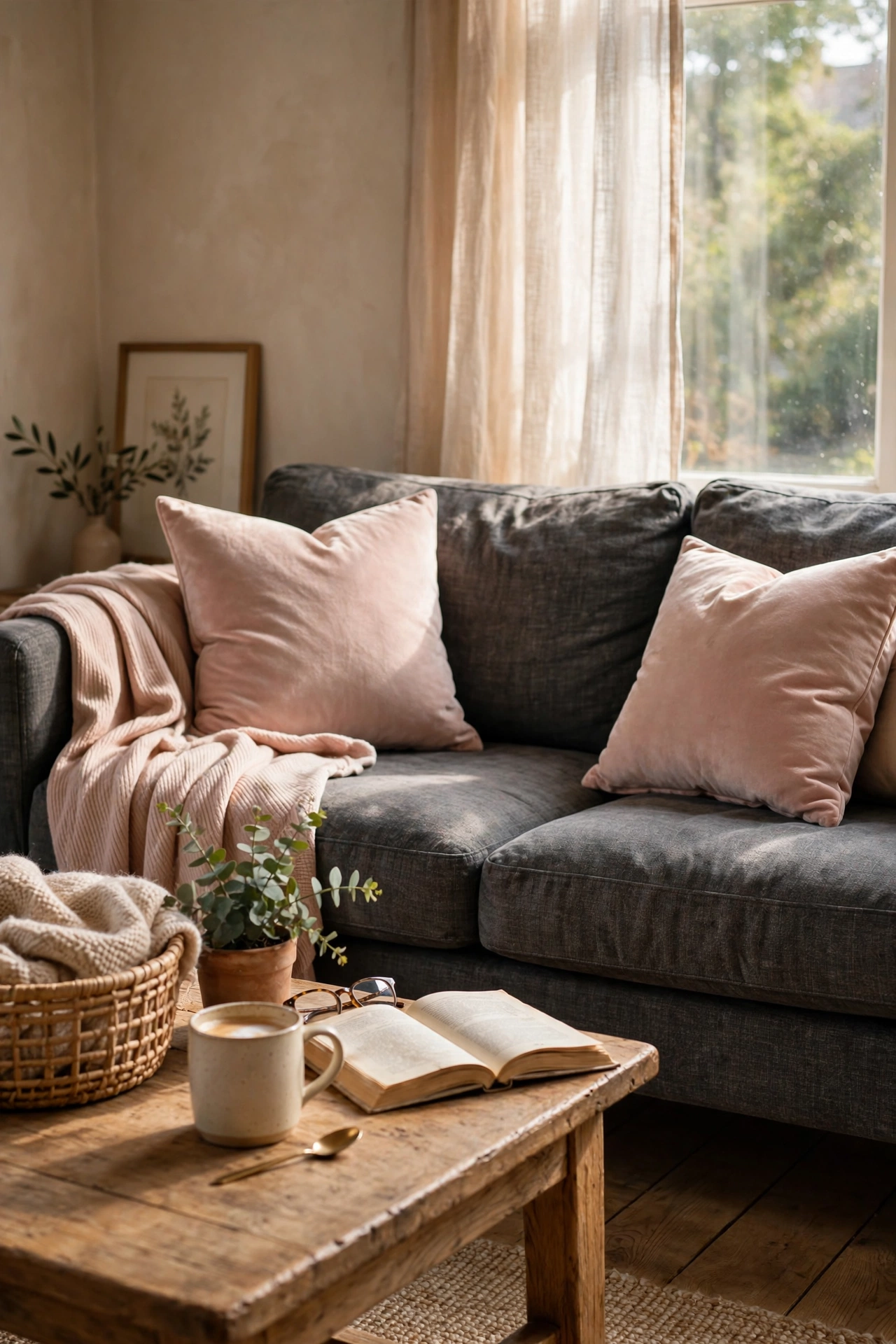 Blush velvet pillows on a charcoal grey sofa, striking contrast