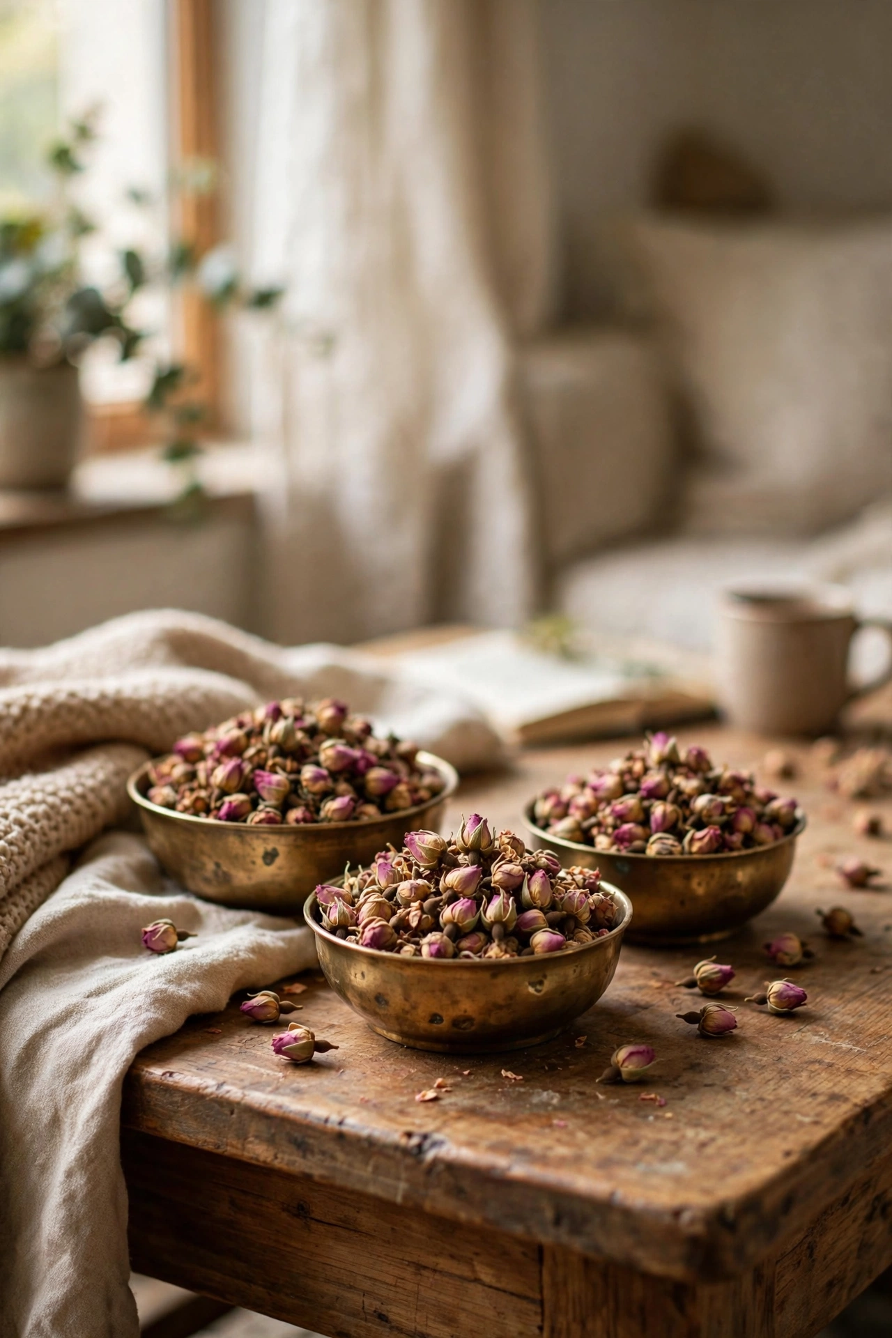 Small brass bowls of dried rose buds on a coffee table