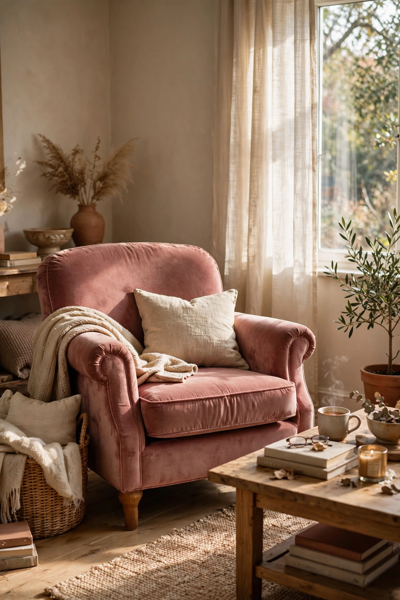 Dusty rose velvet armchair as a statement piece in a neutral room