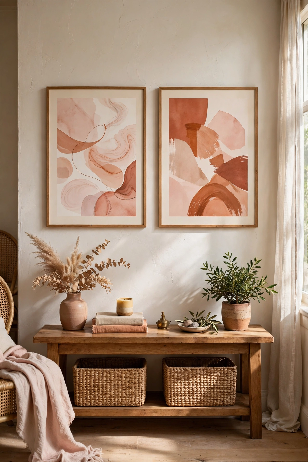 Abstract prints in blush and terracotta tones above a console table