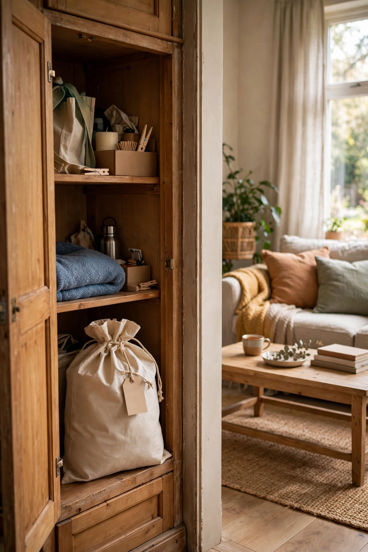 Donation bag in a hallway cupboard for the one-in-one-out rule