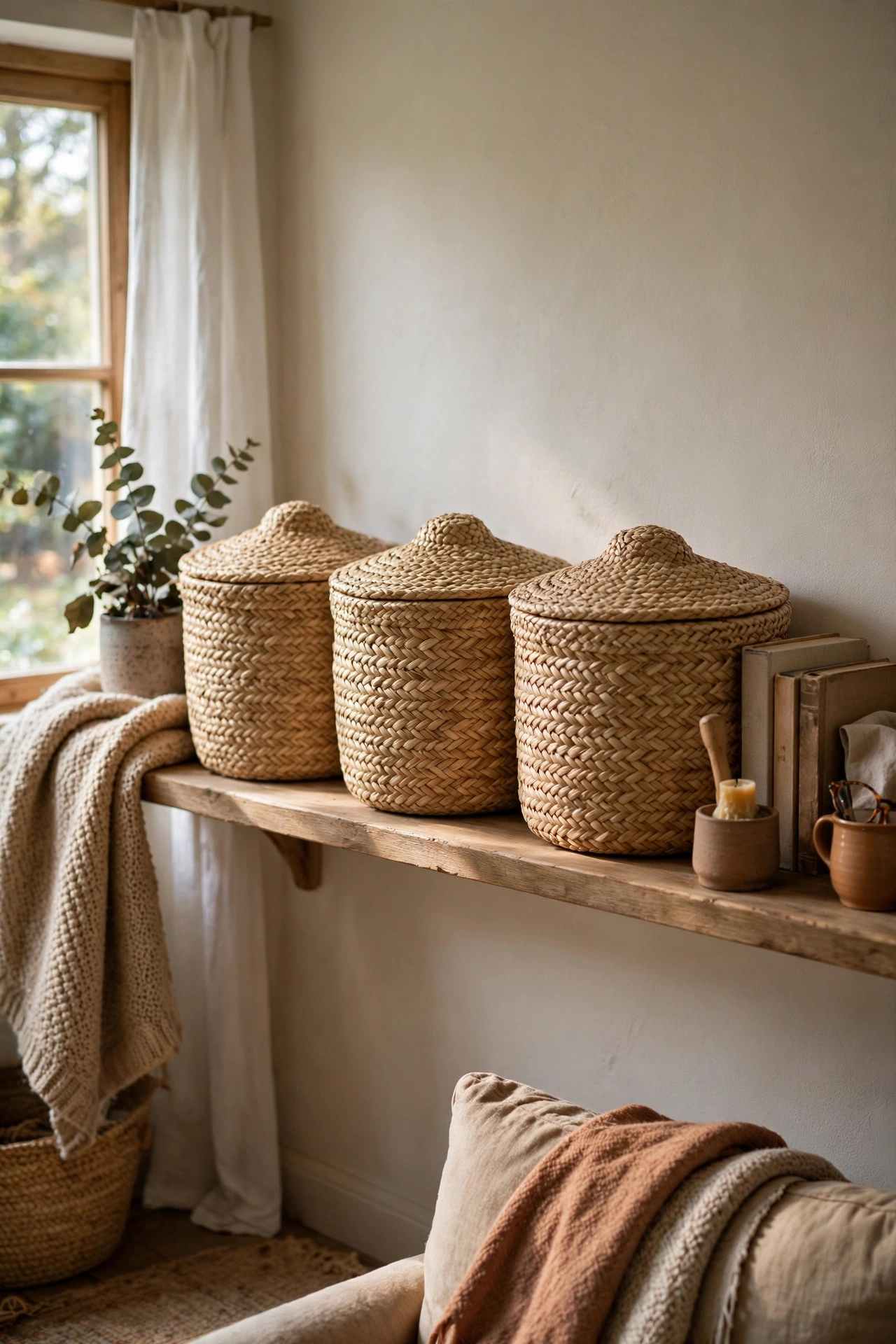 Three matching lidded baskets hiding remotes and chargers on a shelf