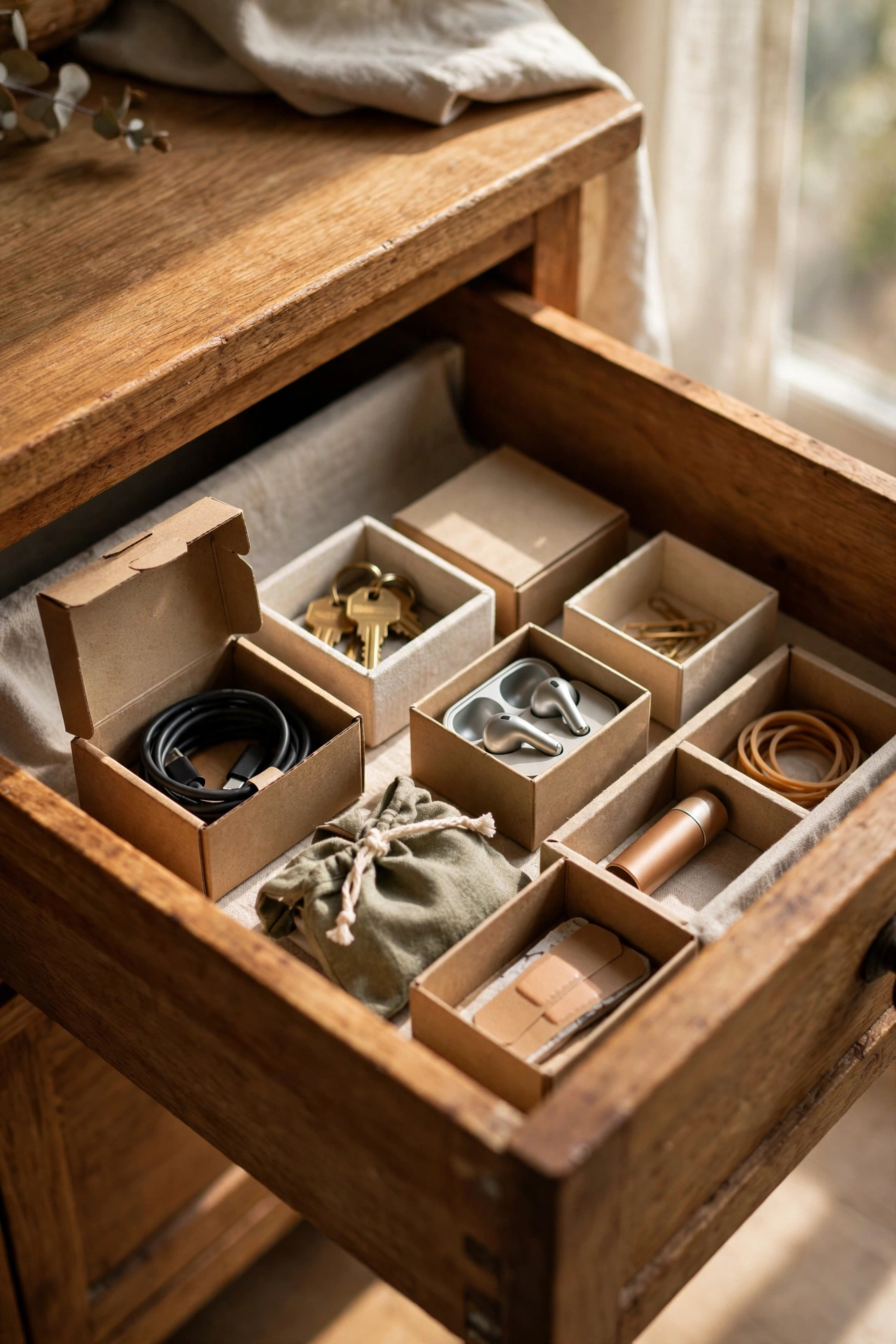 Console drawers emptied and organised with small boxes