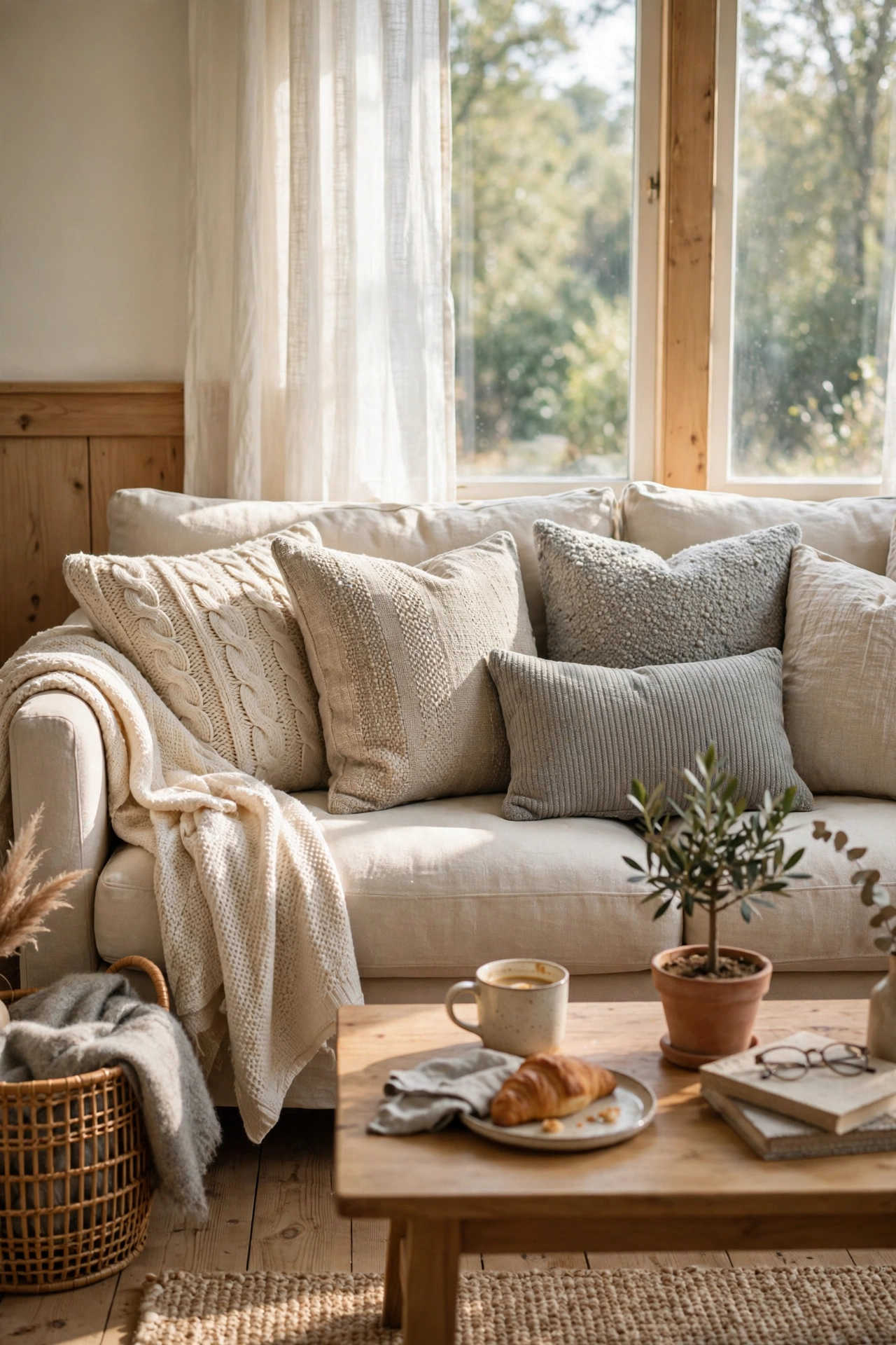 Sofa restyled with cream, oatmeal and soft grey neutral cushions