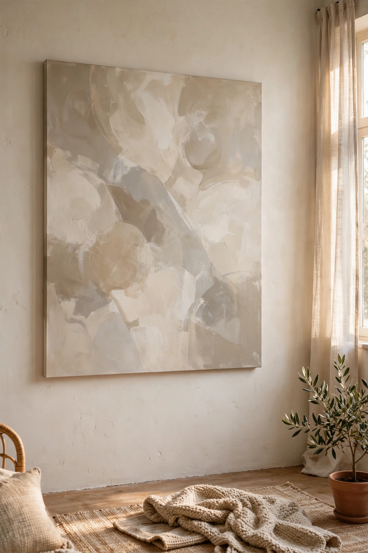 One large calm abstract canvas hung on an otherwise empty wall