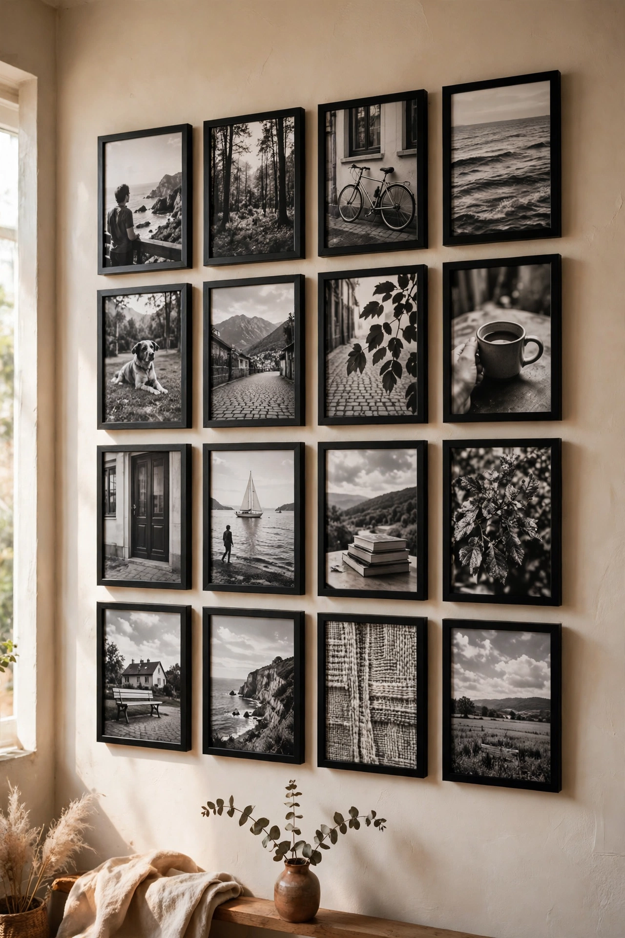 Tight grid of black and white photos in identical black frames