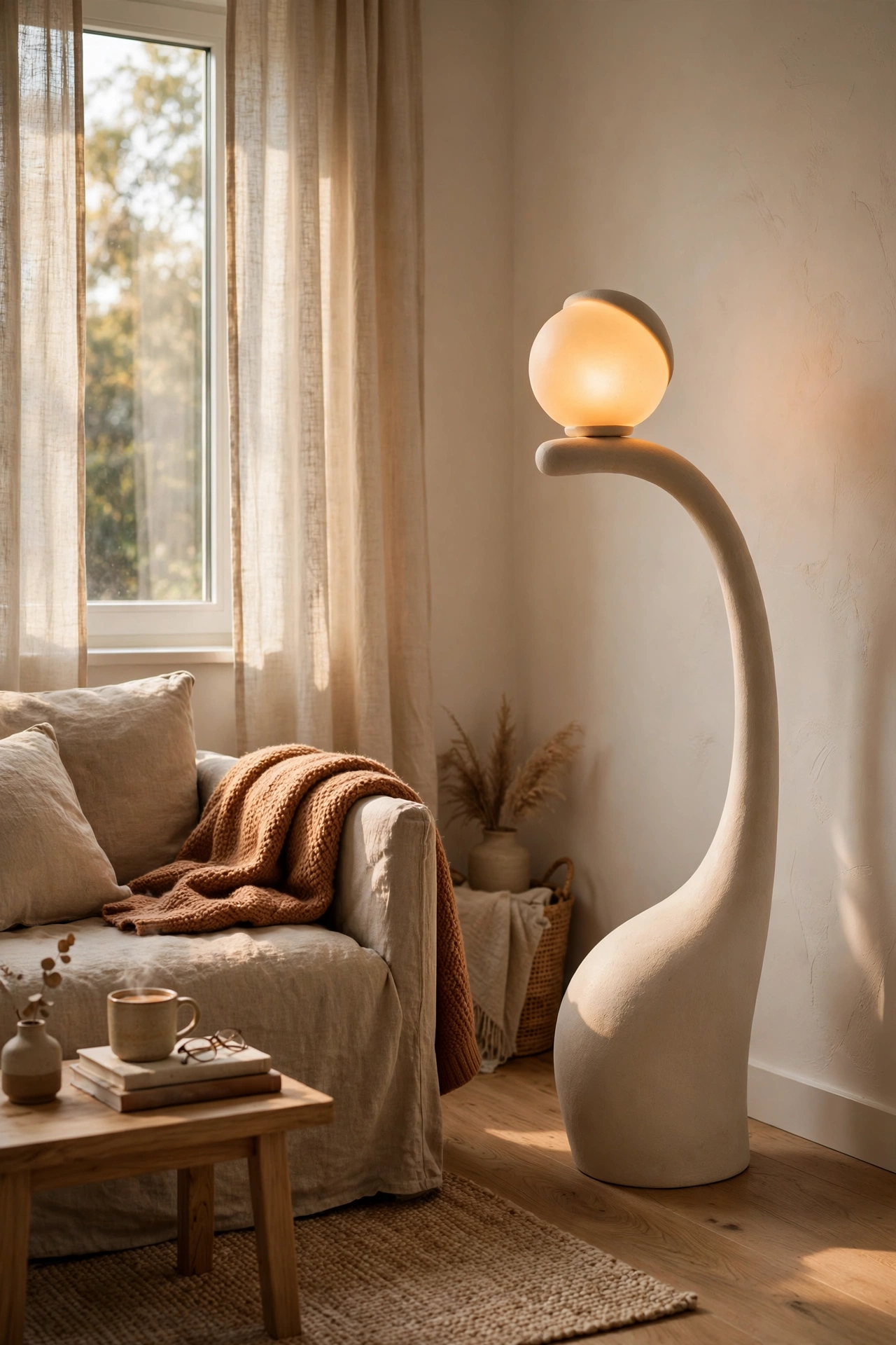 Single sculptural floor lamp defining a minimalist reading corner