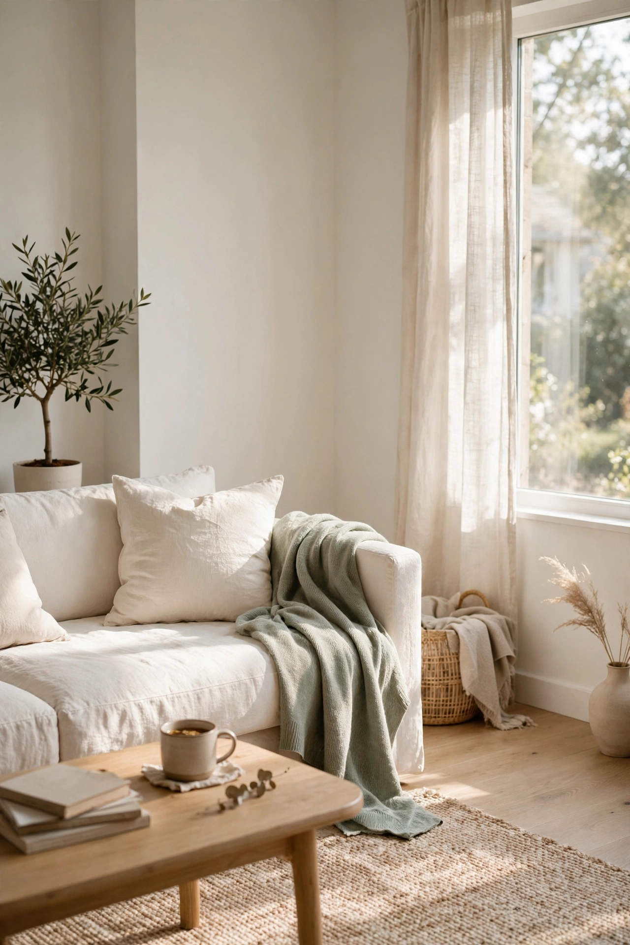 Living room in warm white with a single soft sage accent