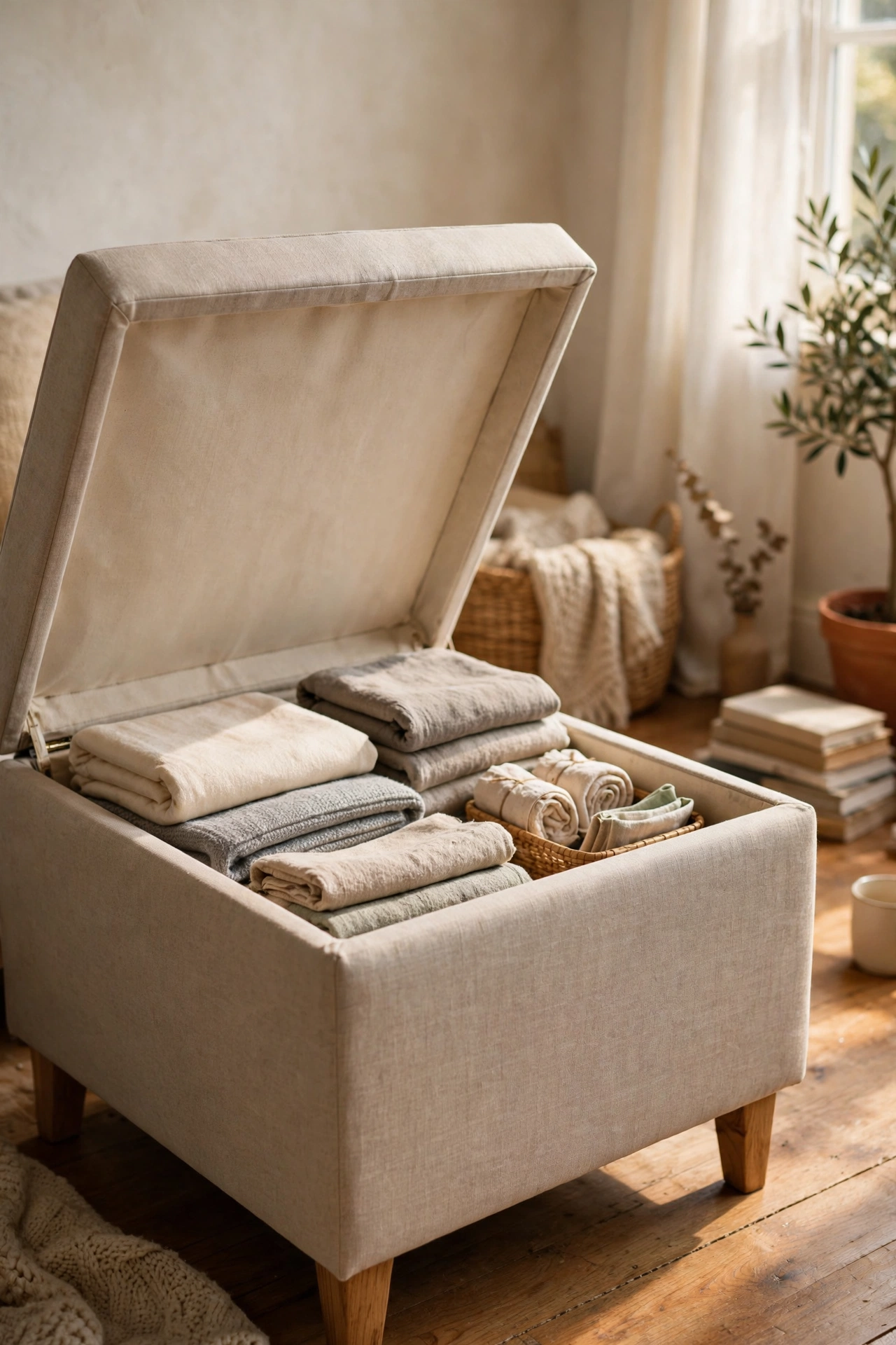 Storage ottoman with the lid open showing hidden clutter storage