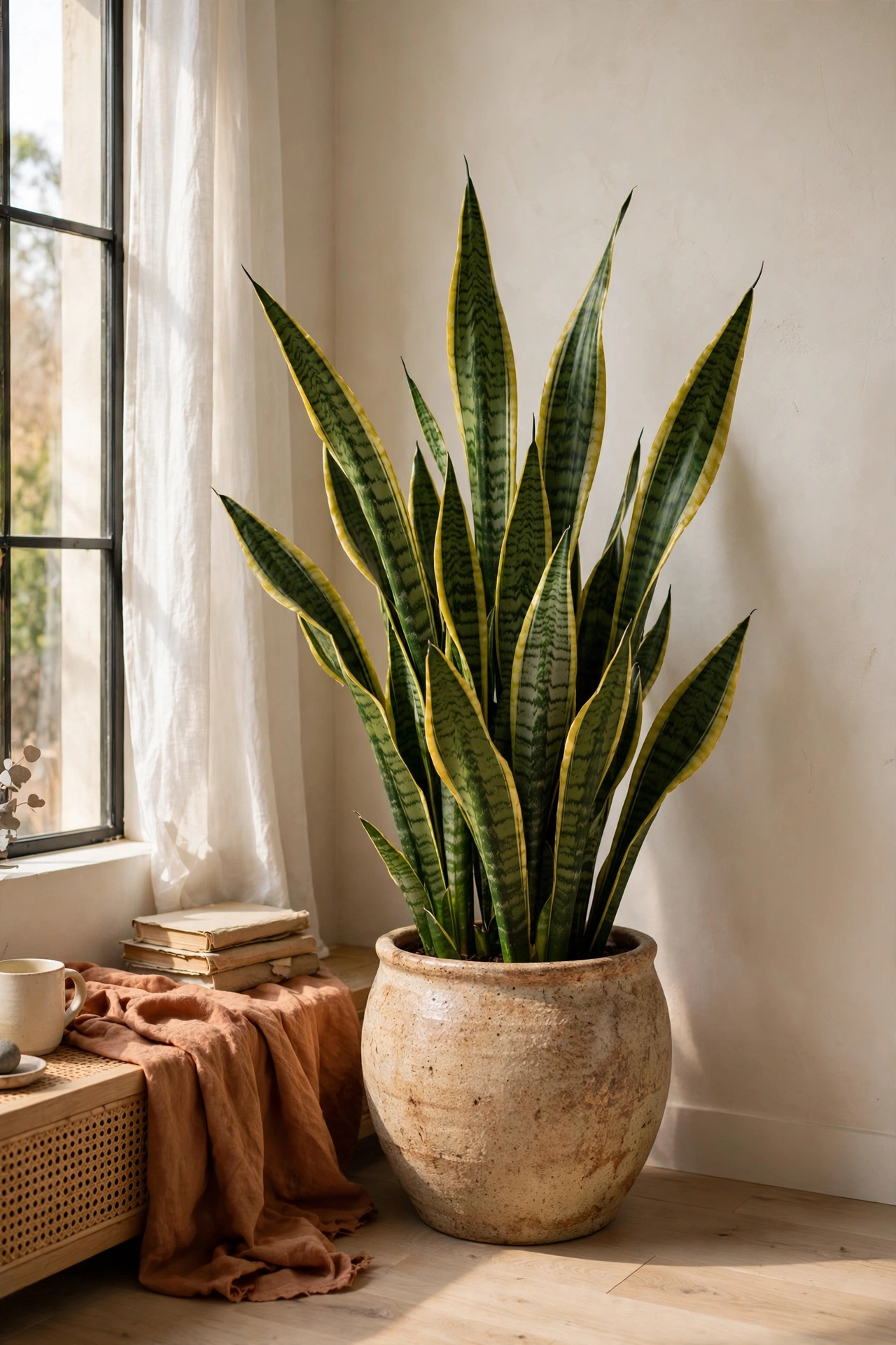 One large snake plant in a beautiful pot in a minimalist corner