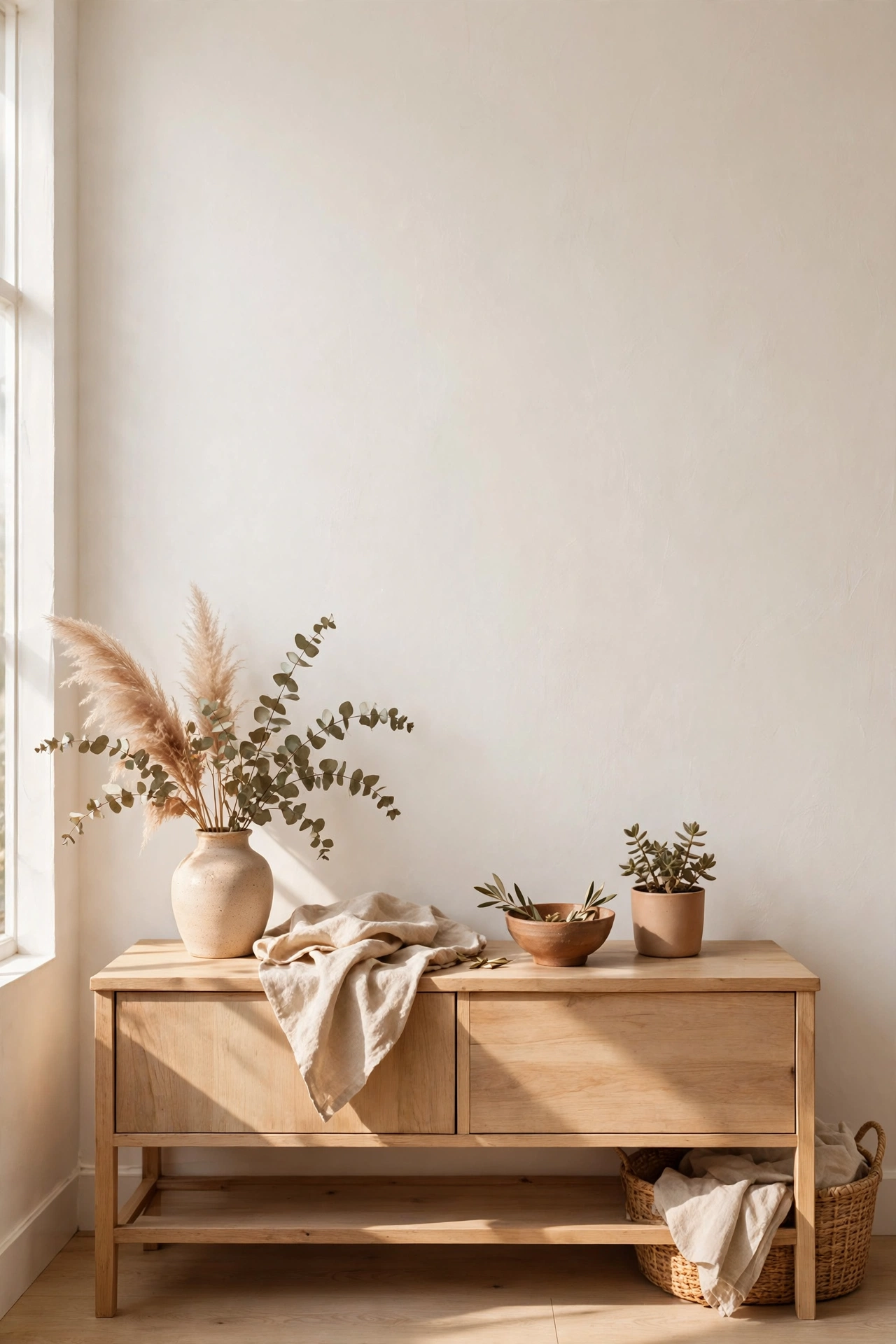 Completely empty wall above a sideboard, intentional negative space