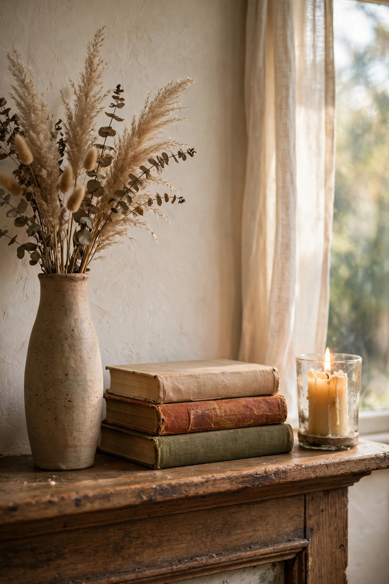 Mantel styled with exactly three objects: vase, books and candle