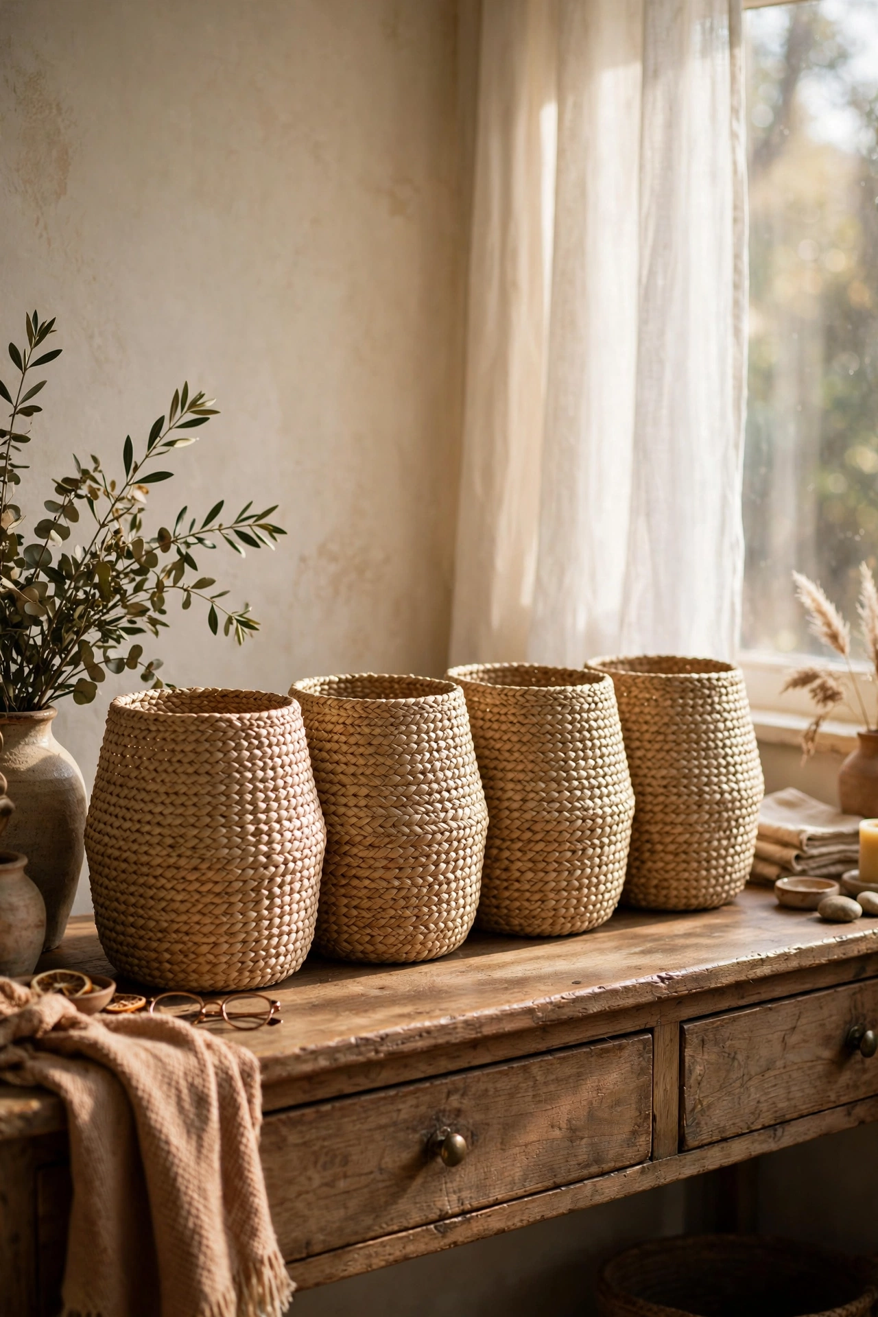 Four identical seagrass baskets lined on a console shelf