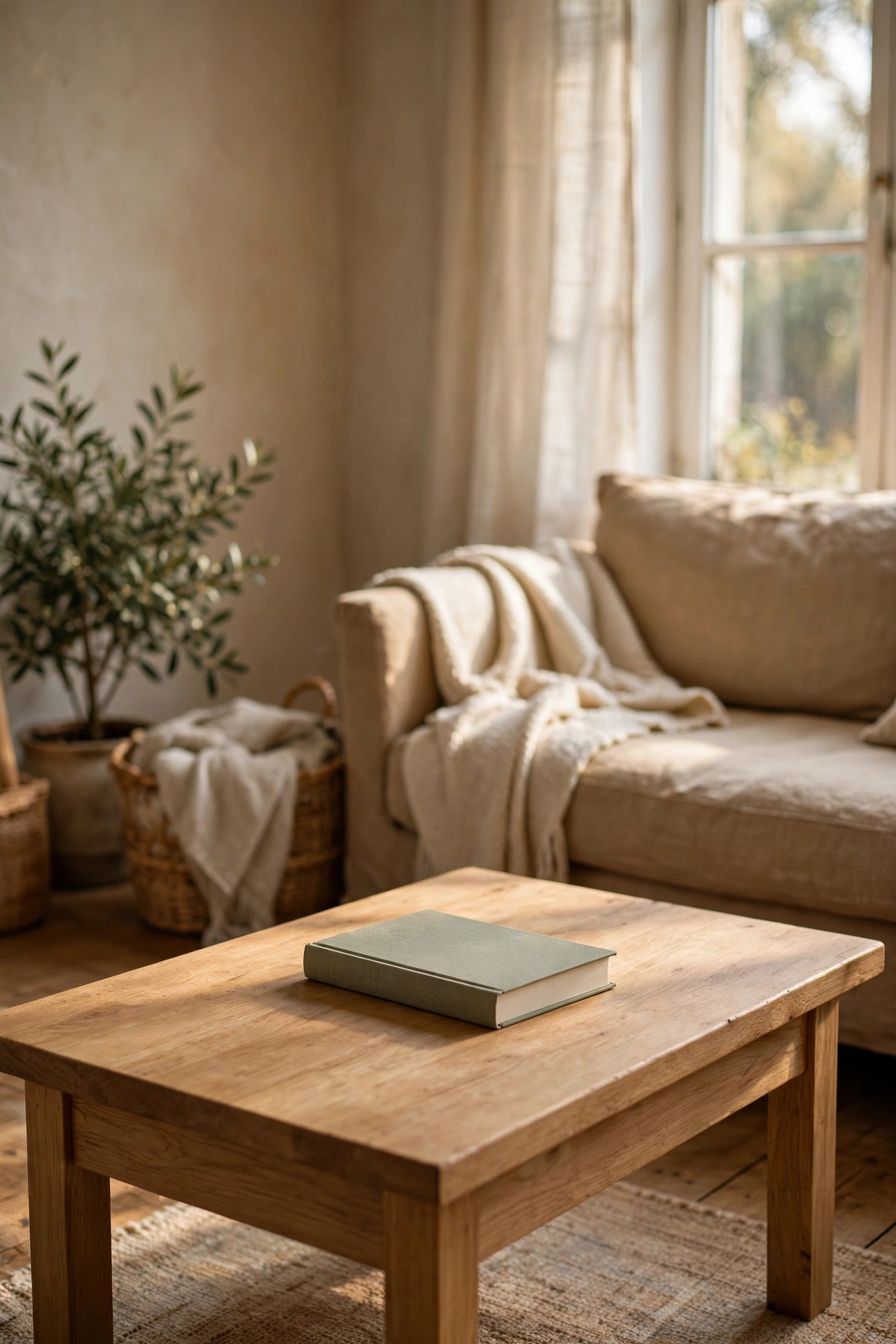 Completely clear coffee table holding a single book