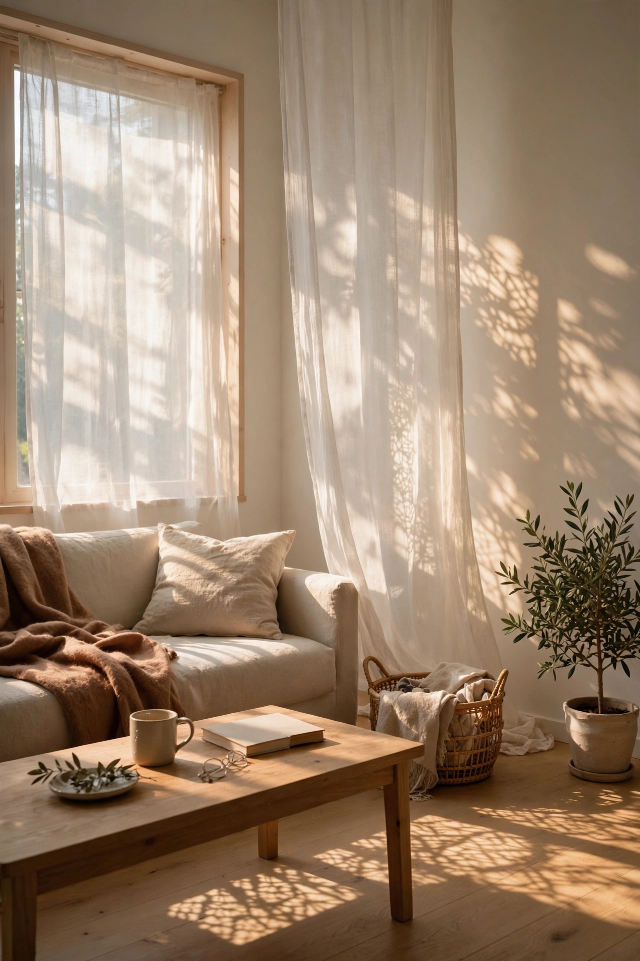 Sheer curtain diffusing beautiful morning light across a calm room