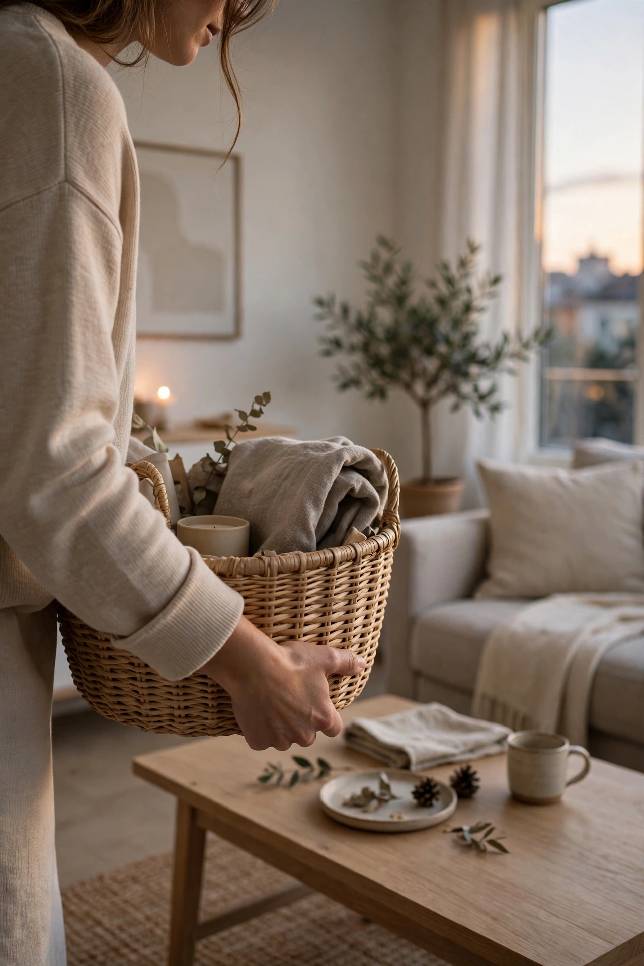 Basket in hand during a quick Sunday evening living room reset