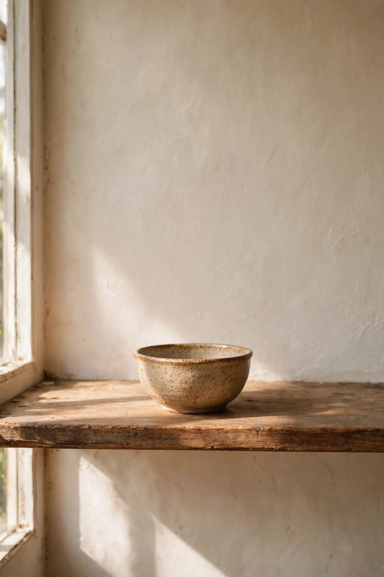 Single handmade bowl honoured with space on an empty shelf