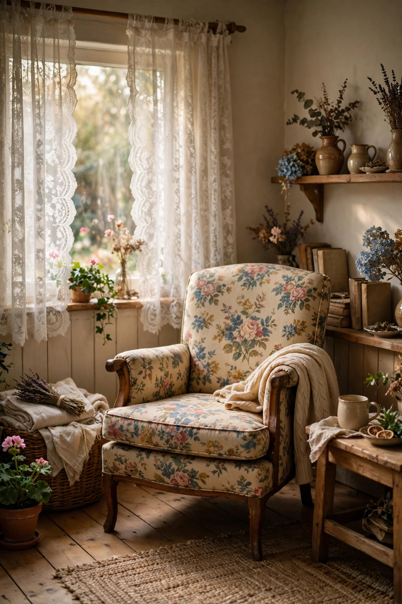 Thrifted floral print armchair as the centerpiece of a cottagecore living room