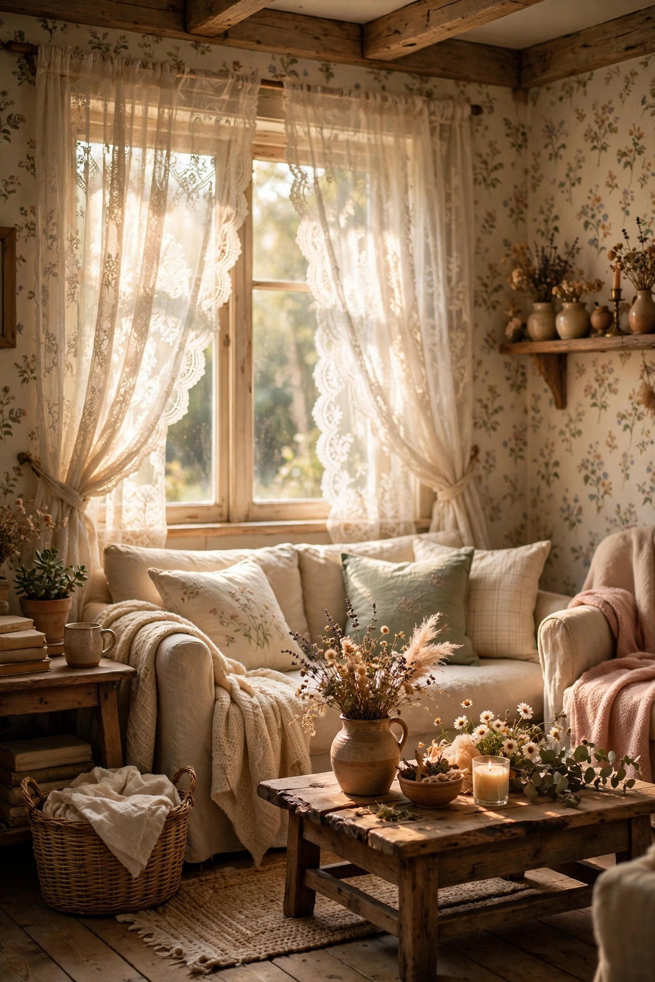 Dreamy lace curtain panels filtering soft light in a cottagecore living room
