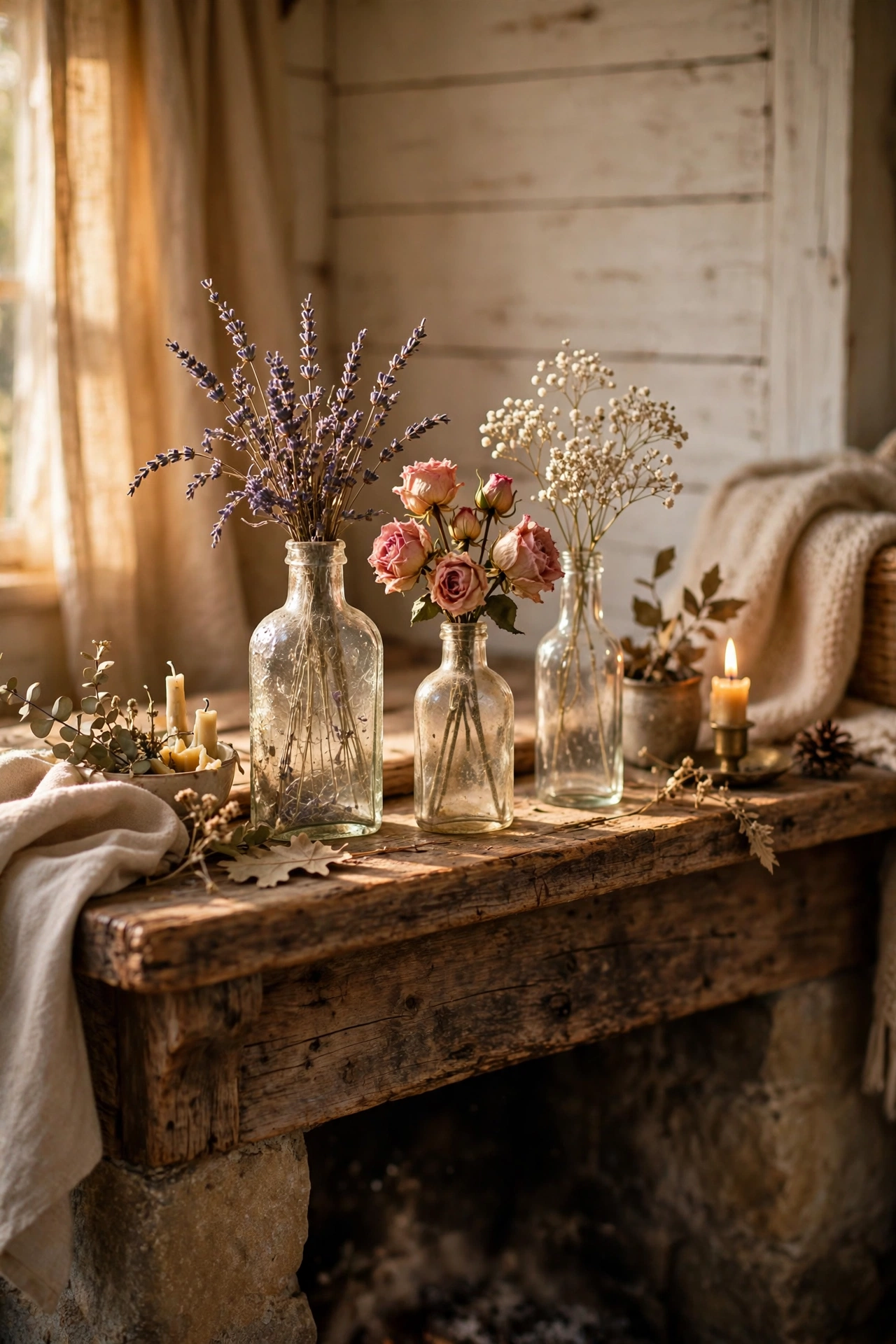 Dried lavender and roses in vintage glass bottles on a cottagecore mantel