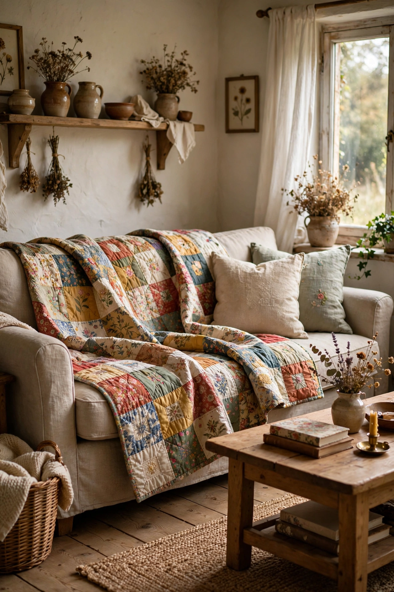 Handmade patchwork quilt draped over a sofa in a cozy cottagecore living room