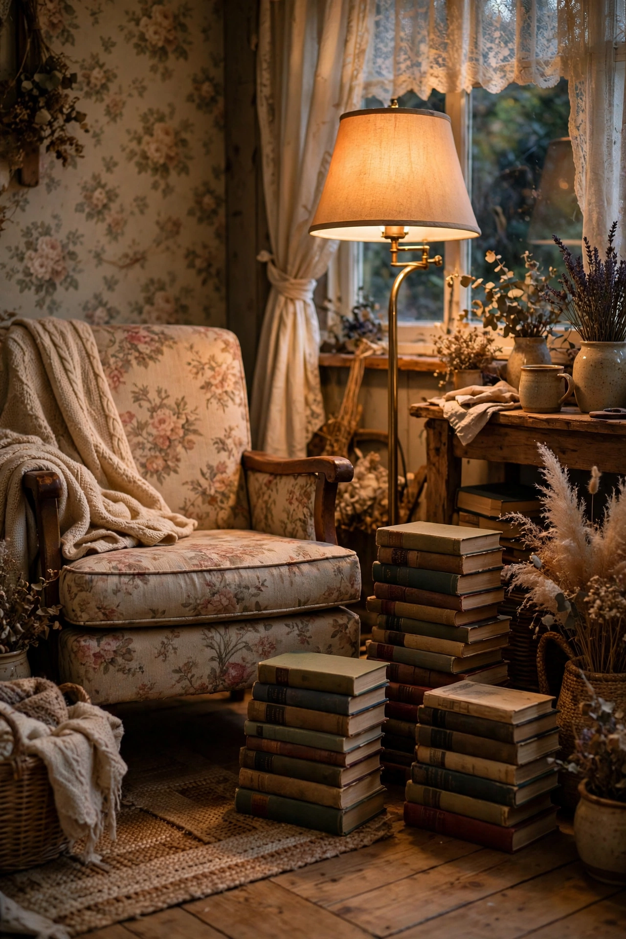 Cozy vintage book nook with a thrifted chair and stacks of old hardcovers