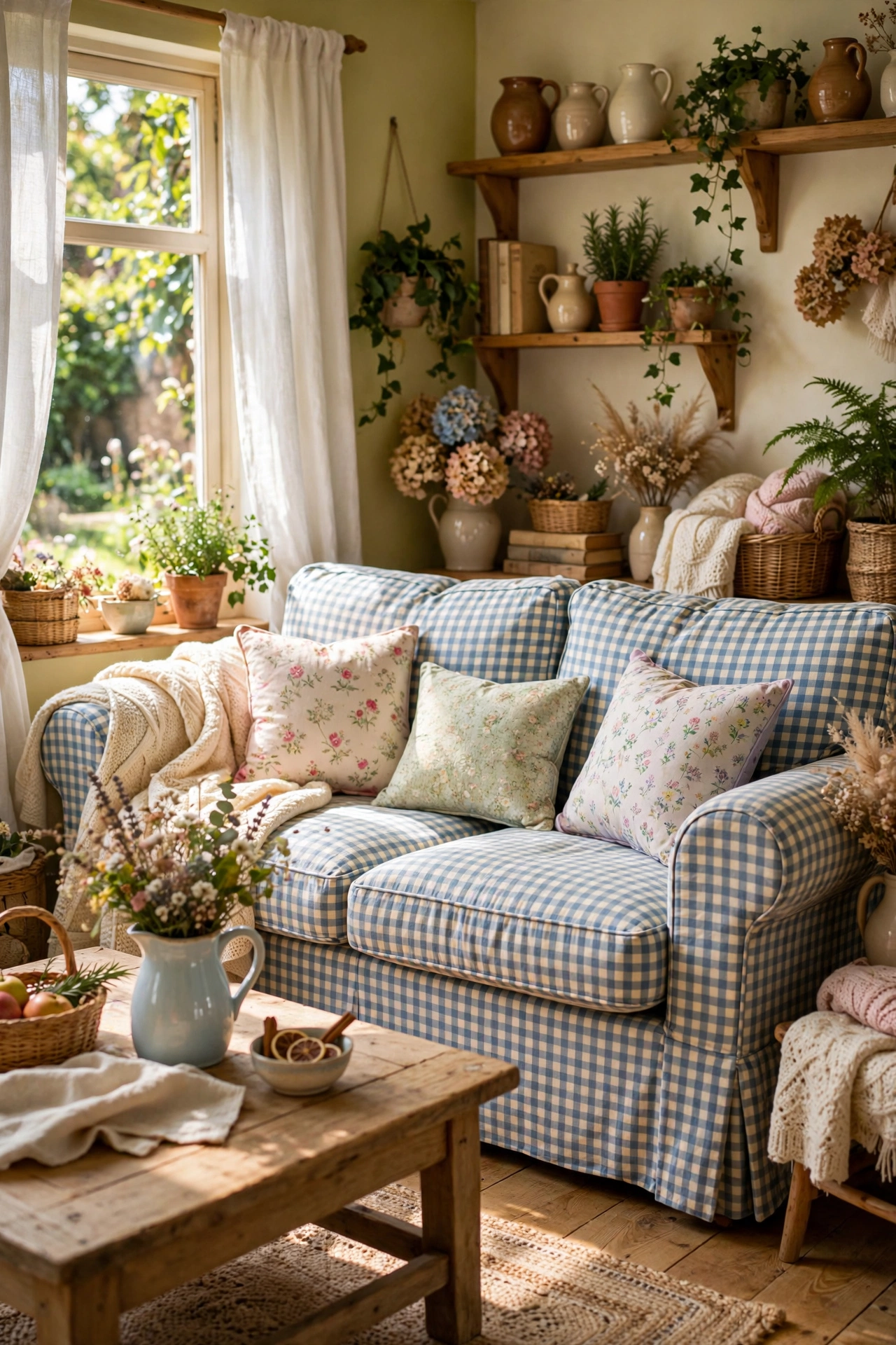 Sofa with mixed gingham and floral throw pillows in a cheerful cottagecore palette