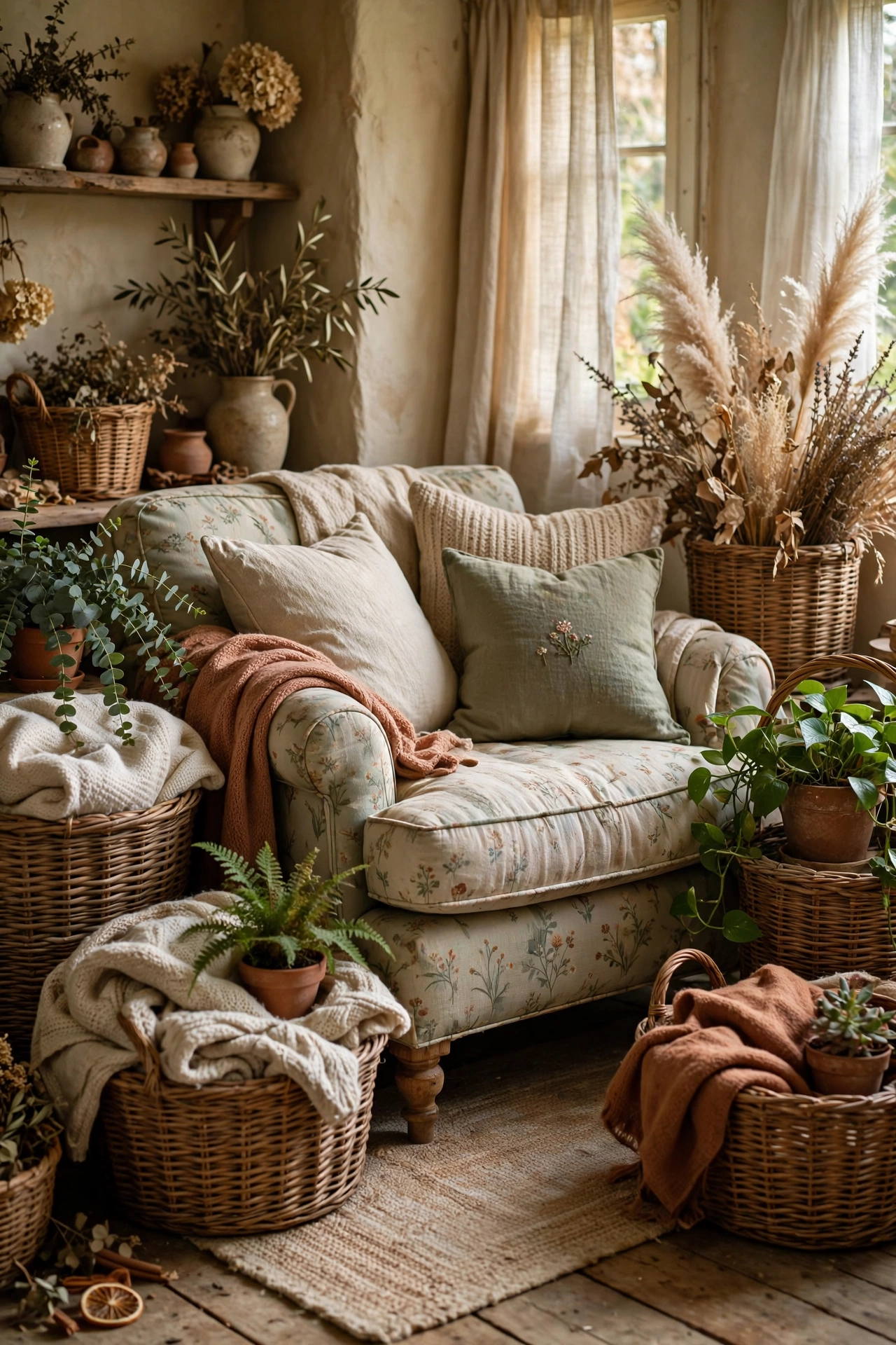 Collection of worn wicker baskets in different sizes in a cottagecore living room