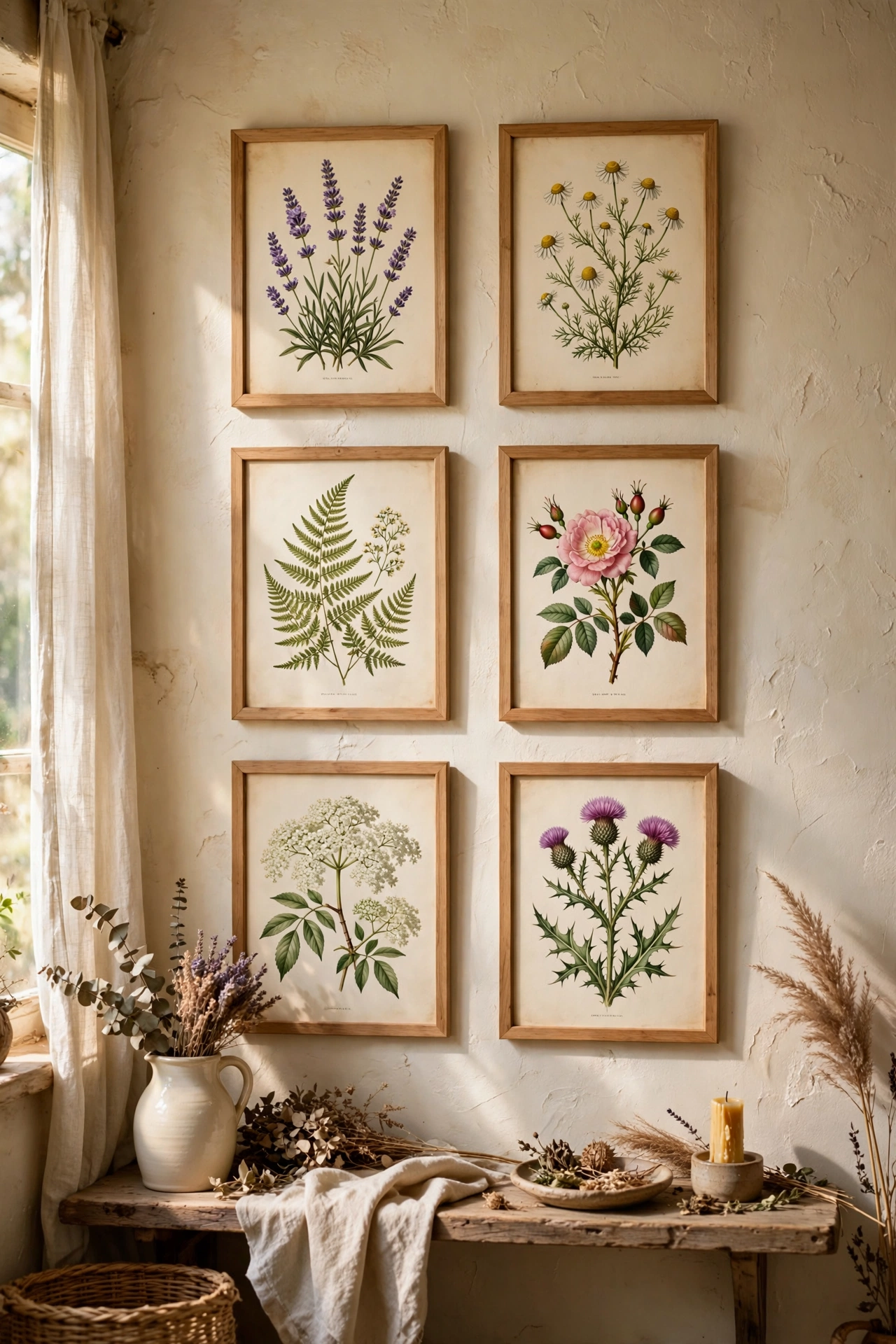 Grid of vintage botanical prints in wood frames above a cottagecore sideboard